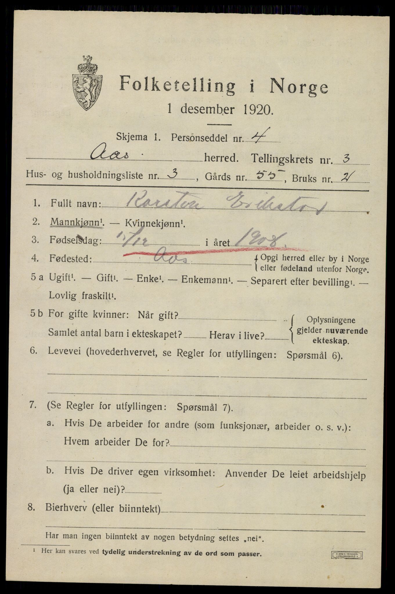 SAO, 1920 census for Ås, 1920, p. 3706