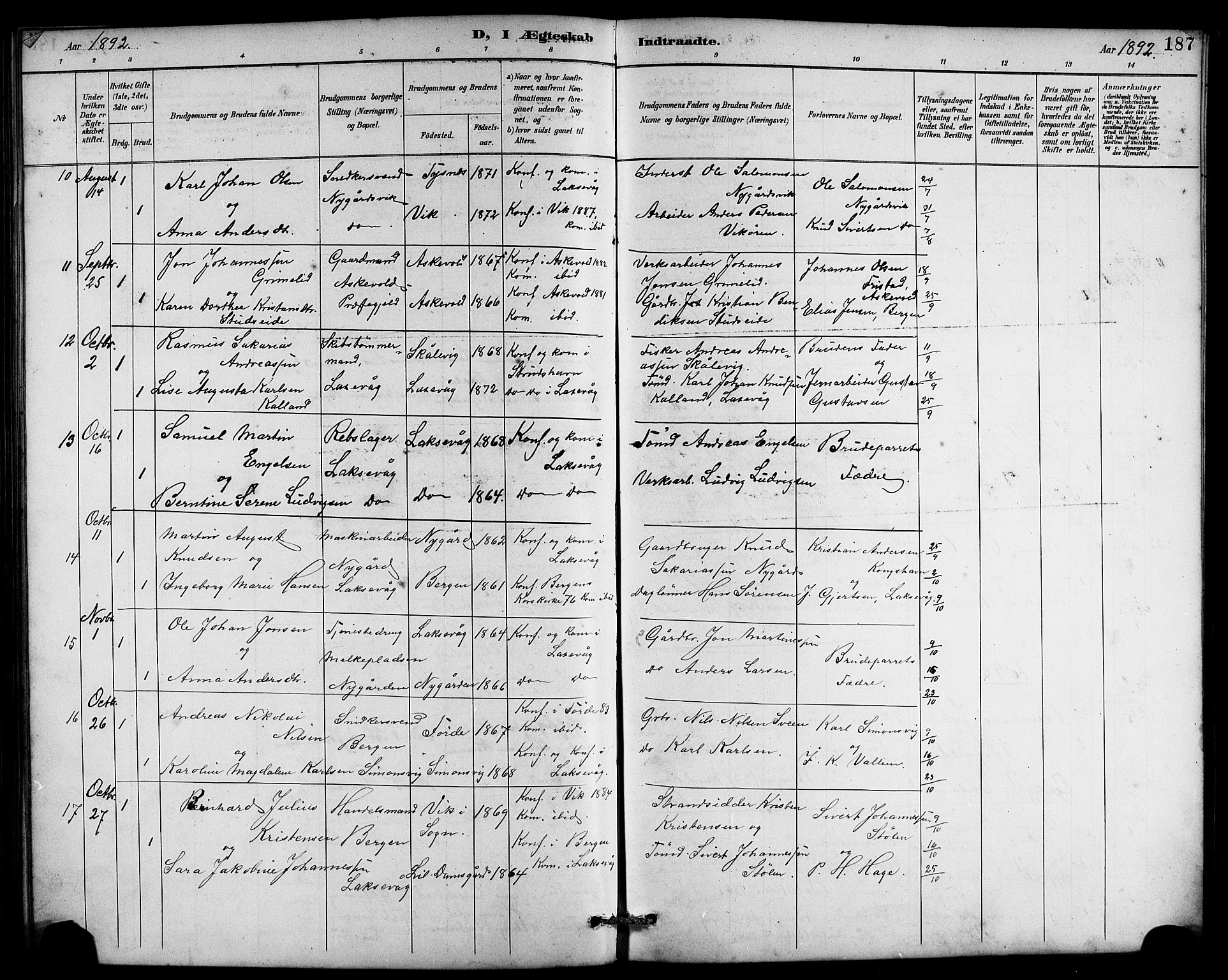 Laksevåg Sokneprestembete, SAB/A-76501/H/Ha/Hab/Haba/L0003: Parish register (copy) no. A 3, 1887-1899, p. 187