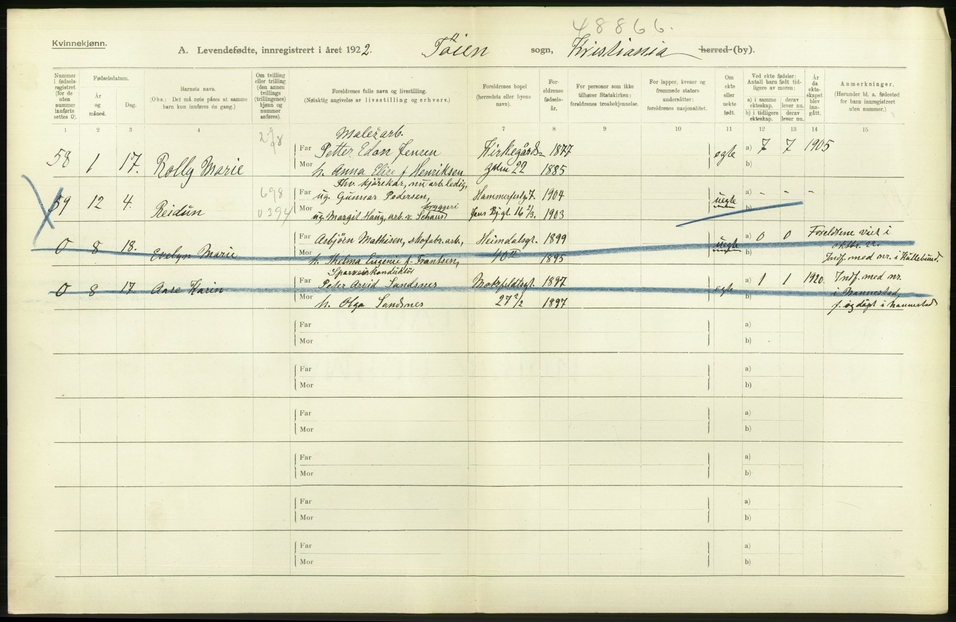 Statistisk sentralbyrå, Sosiodemografiske emner, Befolkning, AV/RA-S-2228/D/Df/Dfc/Dfcb/L0007: Kristiania: Levendefødte menn og kvinner., 1922, p. 102