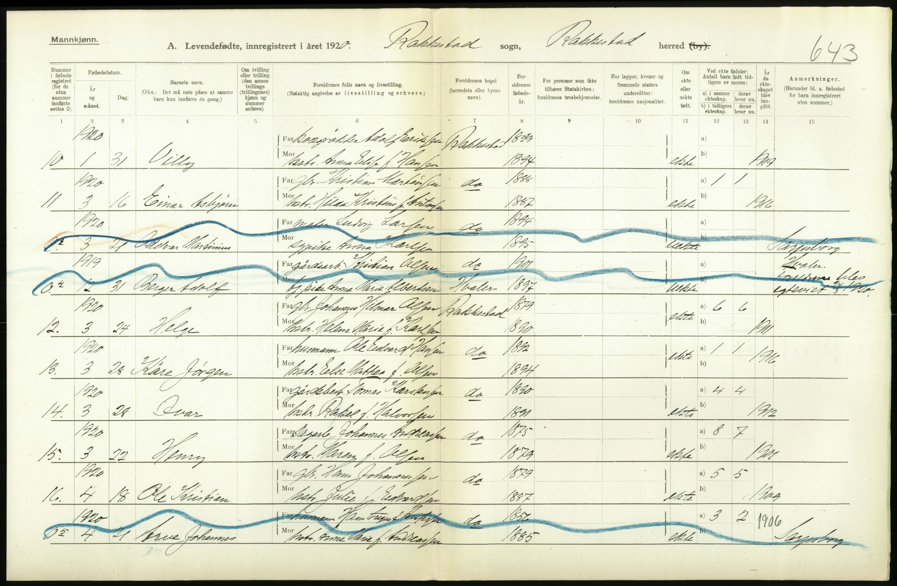 Statistisk sentralbyrå, Sosiodemografiske emner, Befolkning, RA/S-2228/D/Df/Dfb/Dfbj/L0001: Østfold fylke: Levendefødte menn og kvinner. Bygder., 1920, p. 318