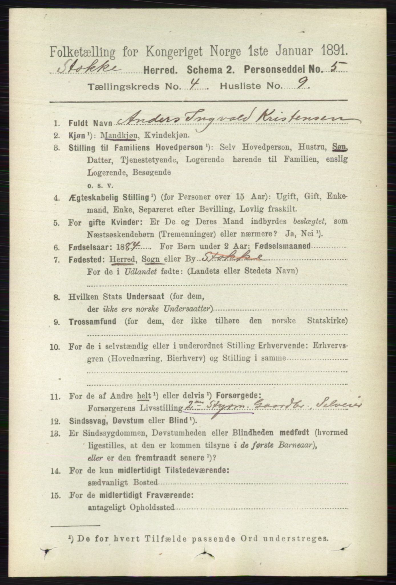 RA, 1891 census for 0720 Stokke, 1891, p. 2488