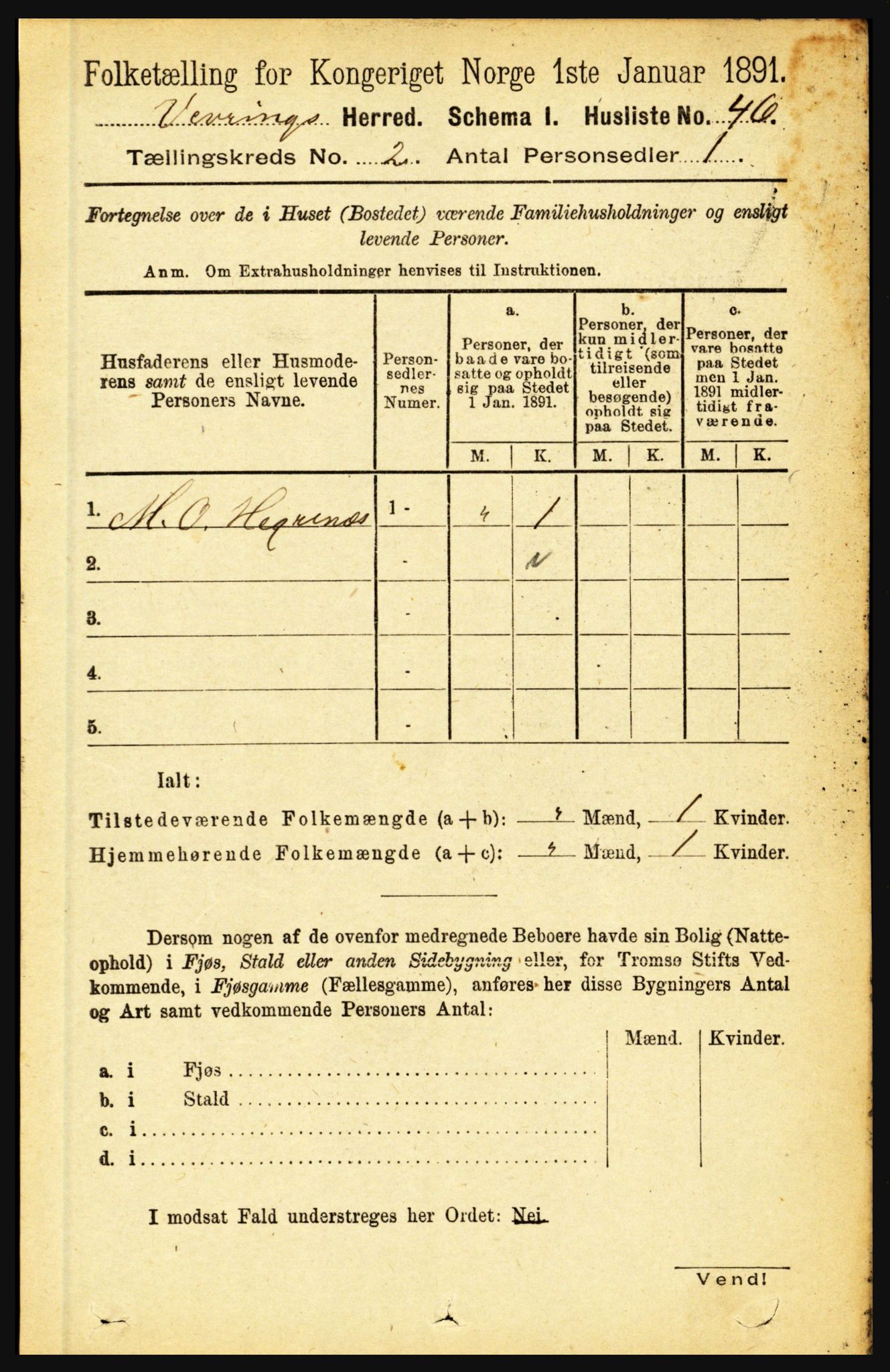 RA, 1891 census for 1434 Vevring, 1891, p. 416