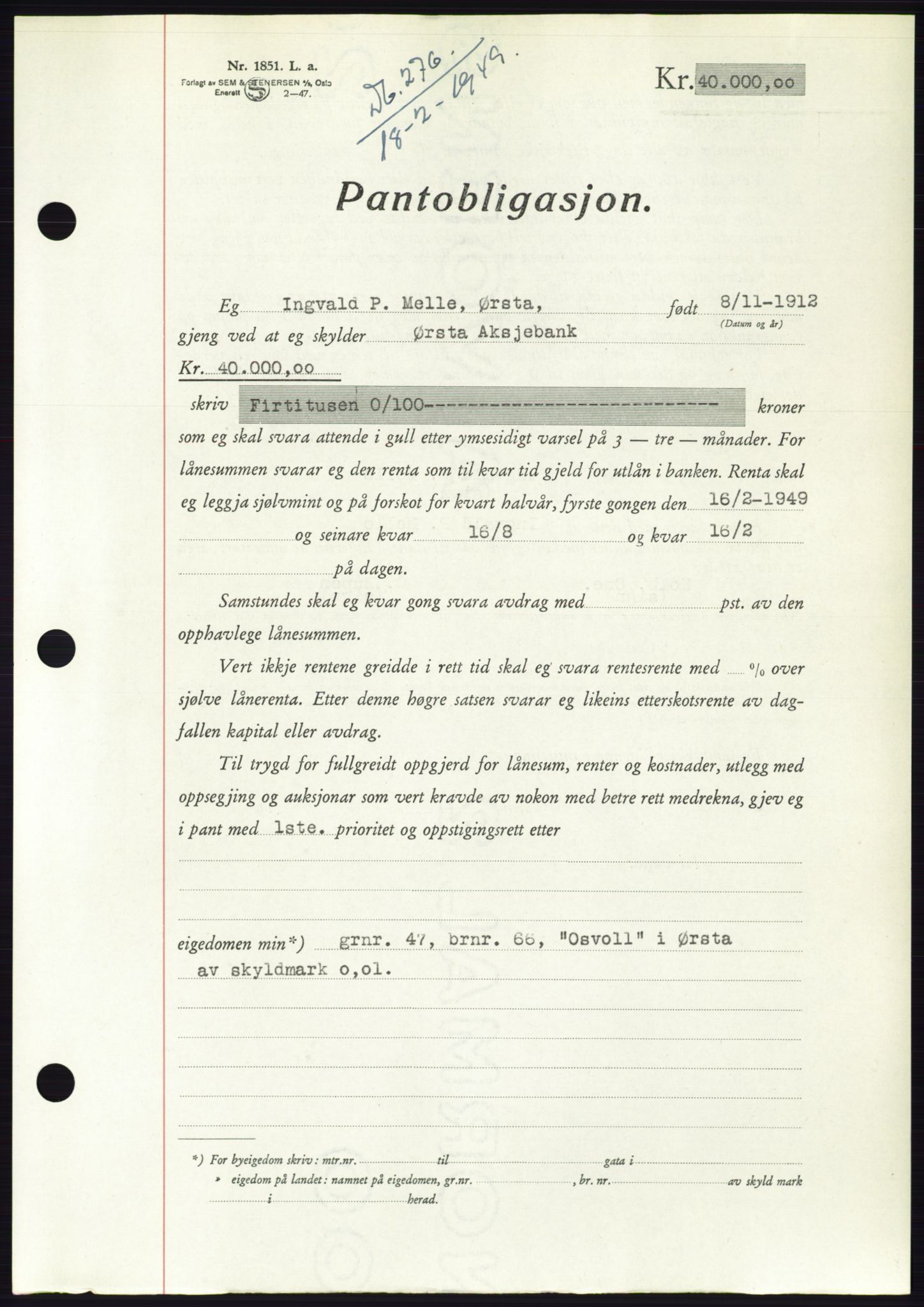 Søre Sunnmøre sorenskriveri, AV/SAT-A-4122/1/2/2C/L0116: Mortgage book no. 4B, 1948-1949, Diary no: : 276/1949