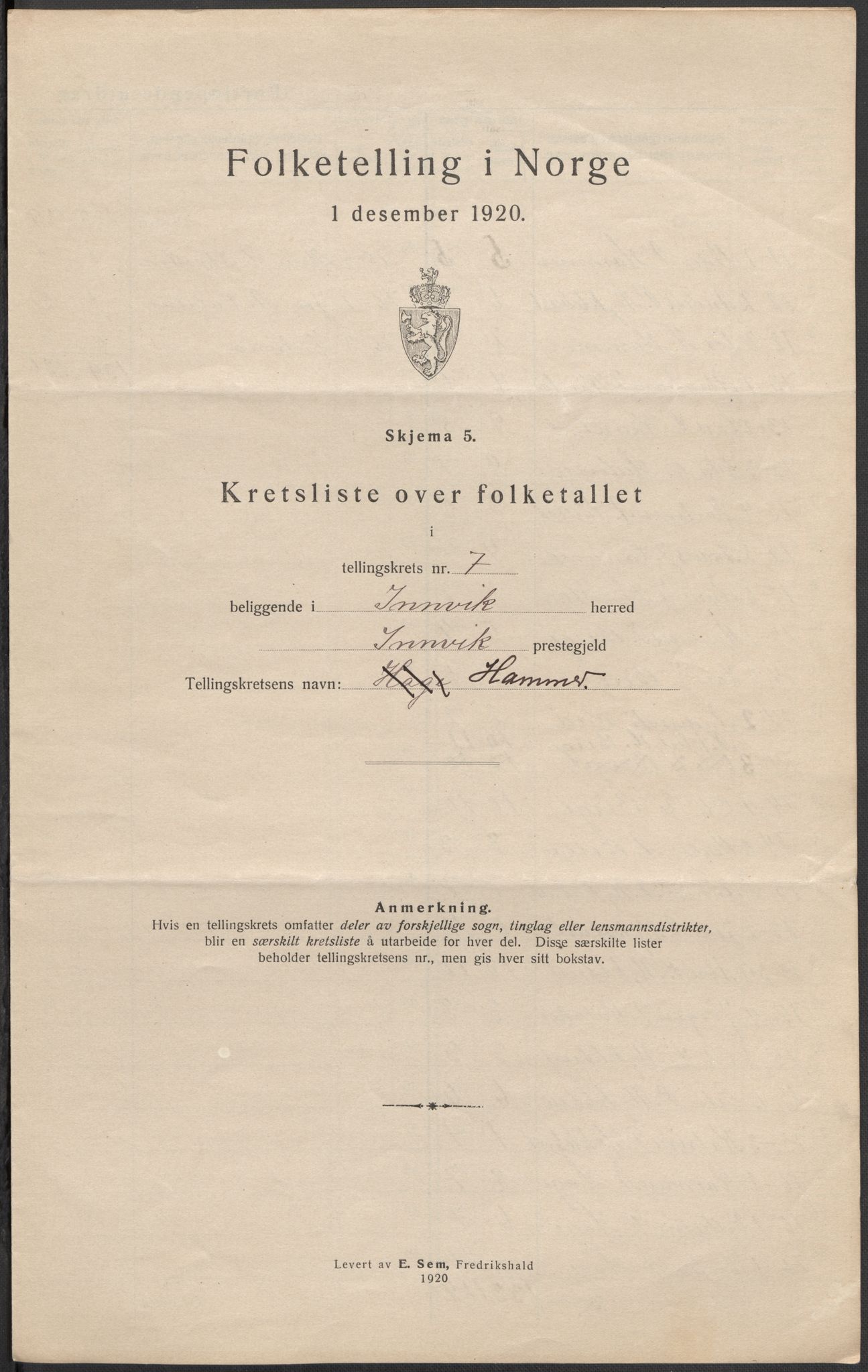 SAB, 1920 census for Innvik, 1920, p. 23