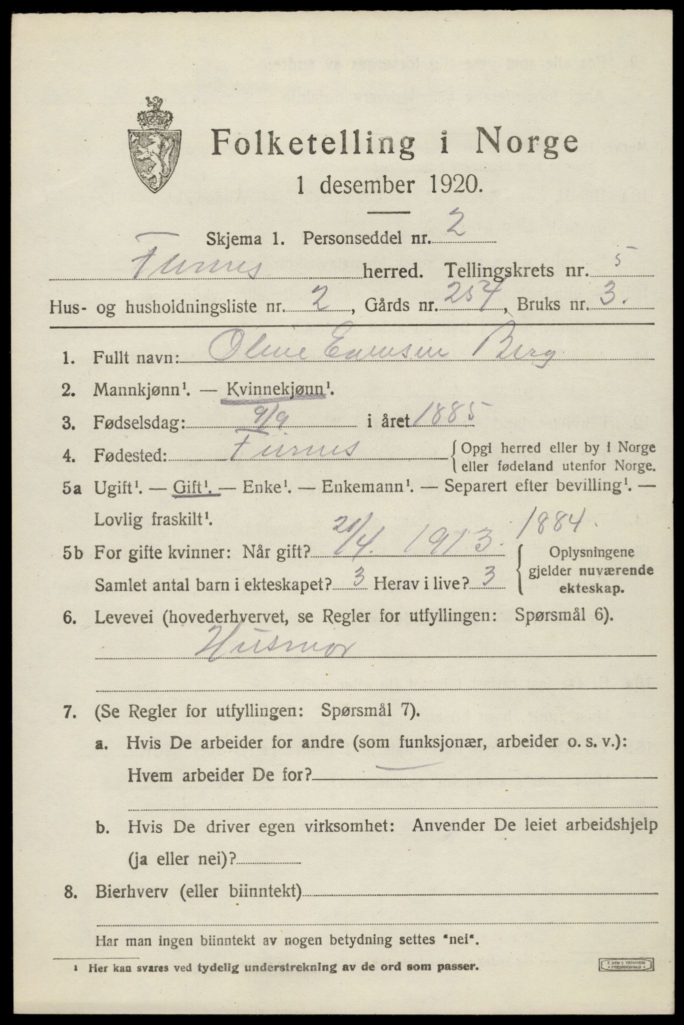 SAH, 1920 census for Furnes, 1920, p. 7107