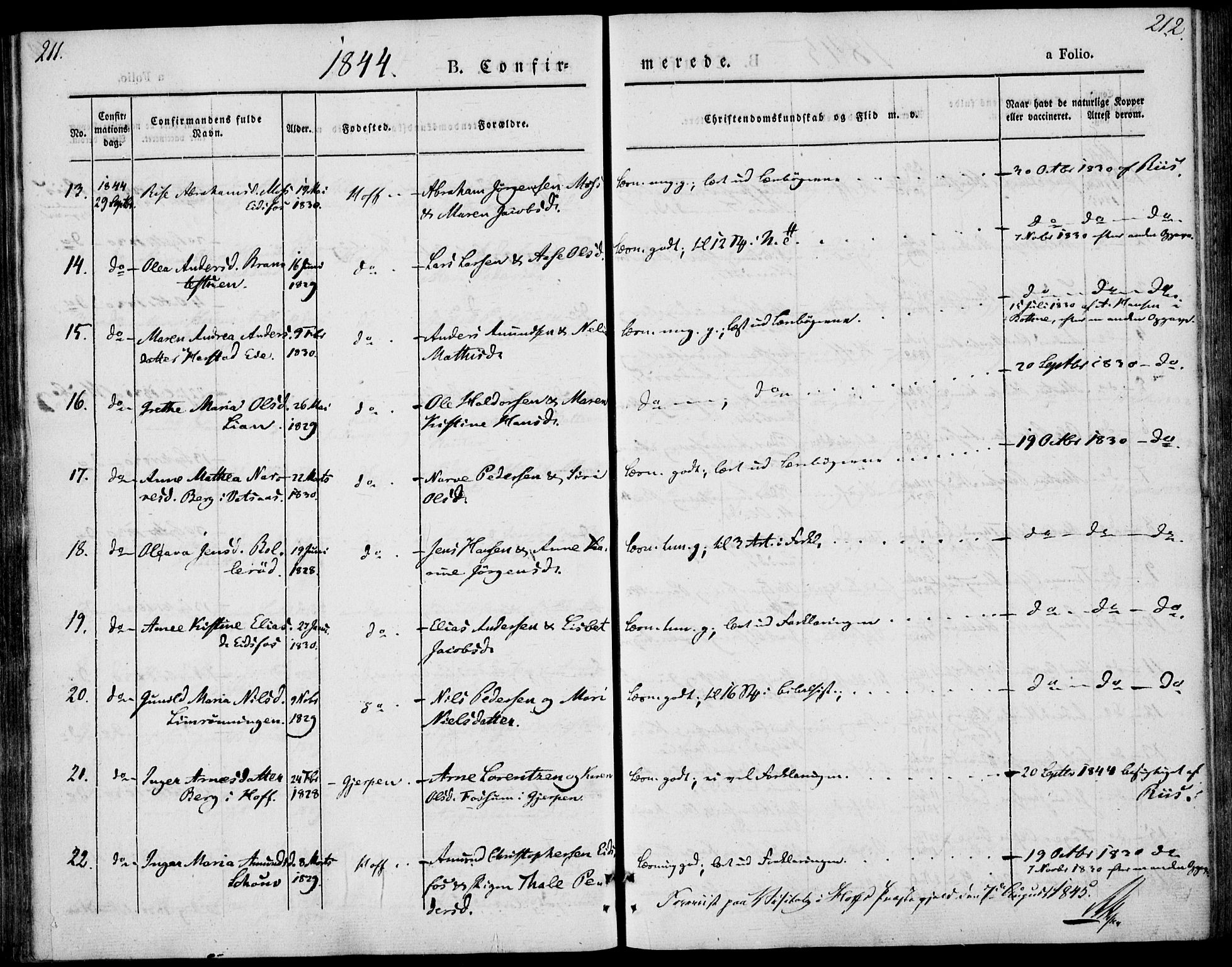 Hof kirkebøker, AV/SAKO-A-64/F/Fa/L0005: Parish register (official) no. I 5, 1844-1851, p. 211-212