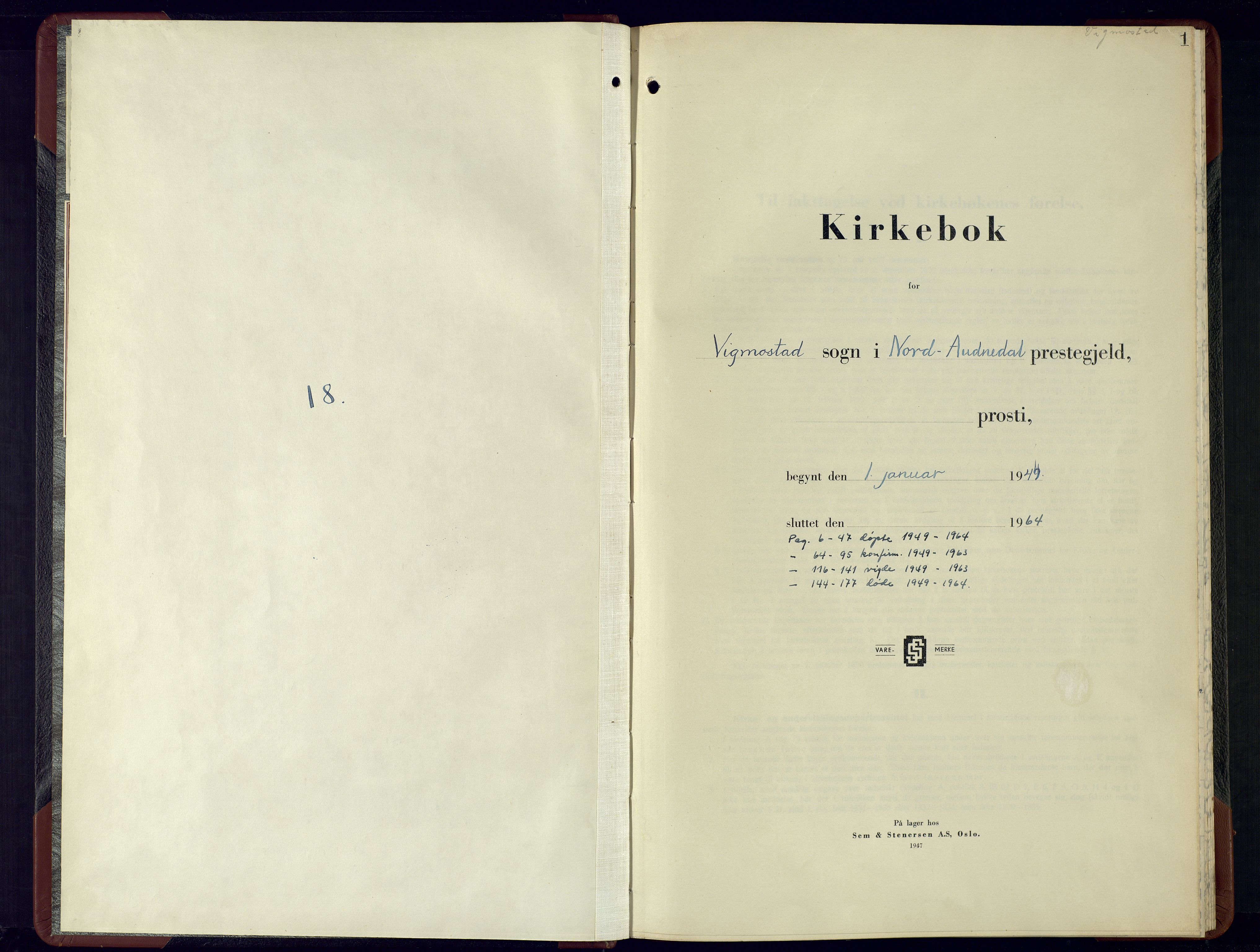 Nord-Audnedal sokneprestkontor, AV/SAK-1111-0032/F/Fb/Fbb/L0007: Parish register (copy) no. B-7, 1949-1964, p. 1