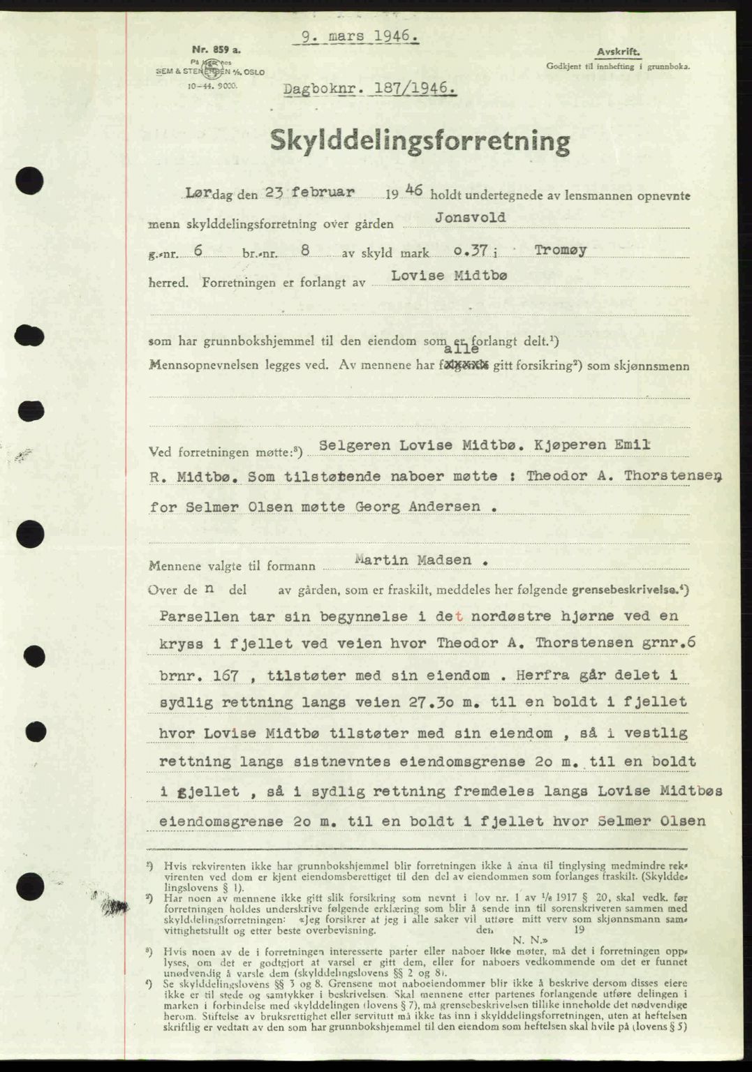 Nedenes sorenskriveri, SAK/1221-0006/G/Gb/Gba/L0054: Mortgage book no. A6c, 1946-1946, Diary no: : 187/1946