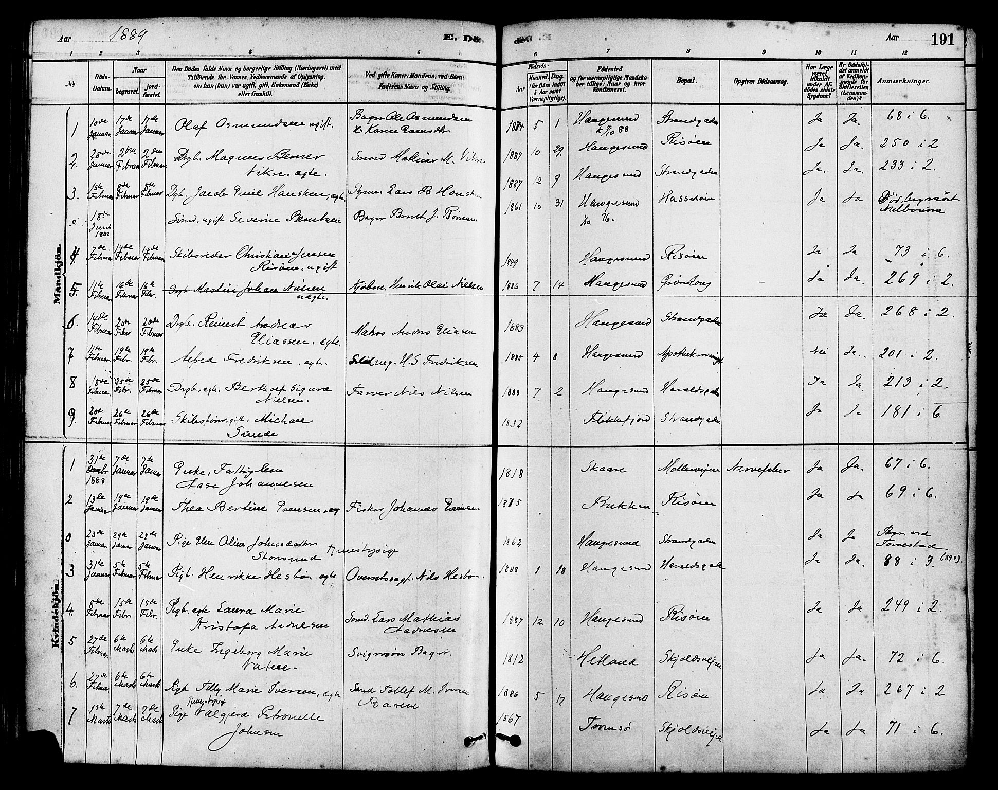 Haugesund sokneprestkontor, SAST/A -101863/H/Ha/Haa/L0003: Parish register (official) no. A 3, 1885-1890, p. 191