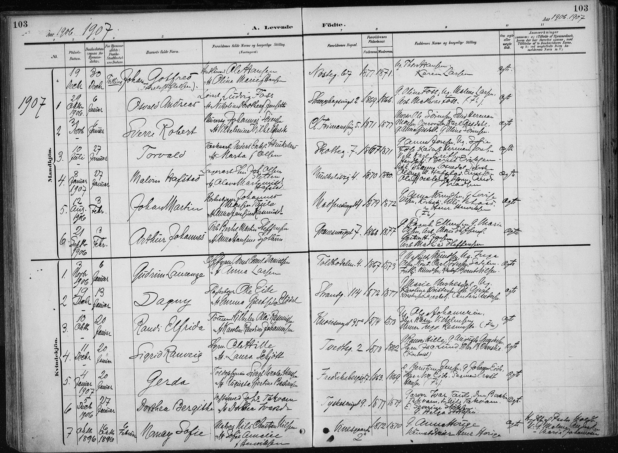 Nykirken Sokneprestembete, AV/SAB-A-77101/H/Haa/L0019: Parish register (official) no. B 7, 1904-1916, p. 103