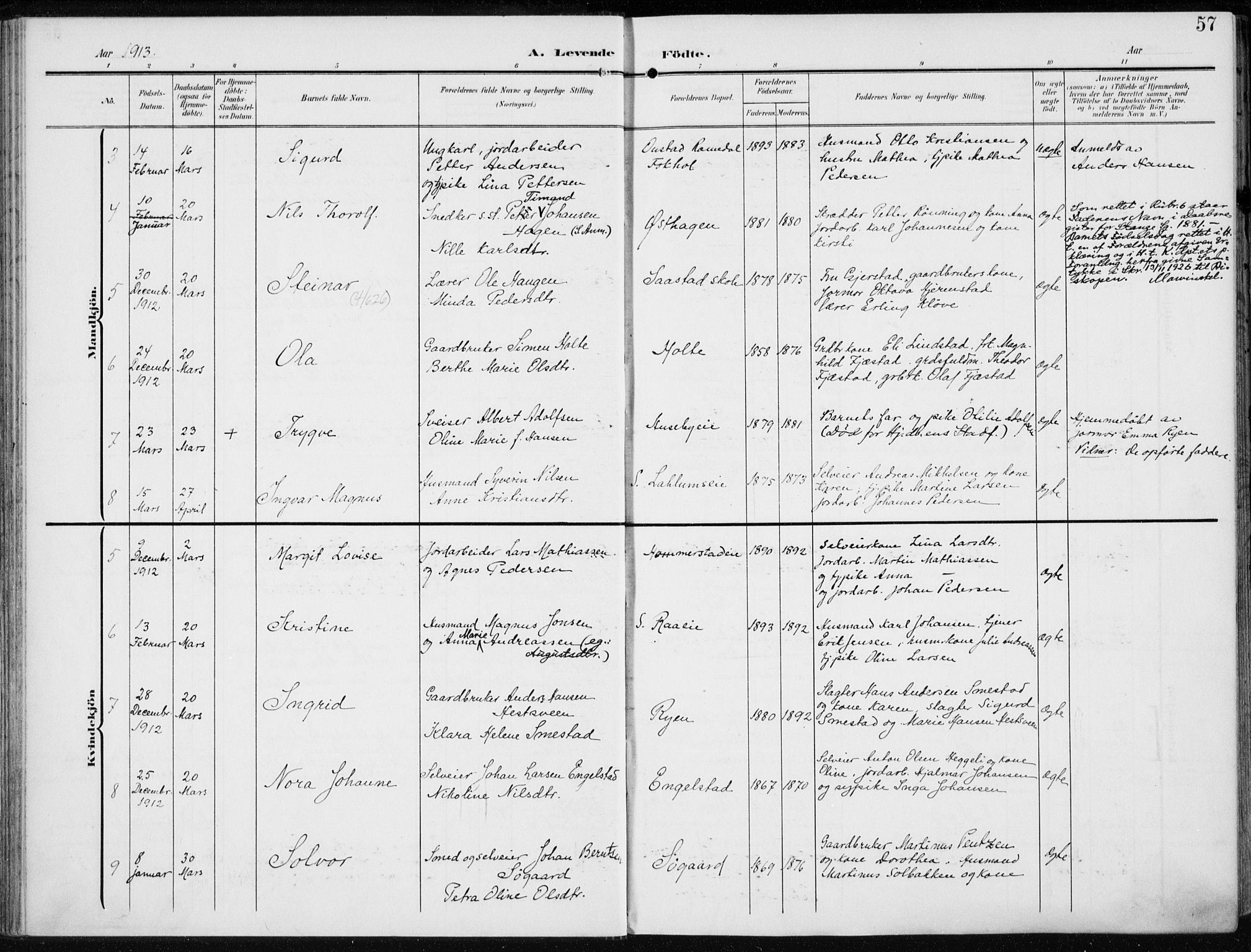 Stange prestekontor, AV/SAH-PREST-002/K/L0024: Parish register (official) no. 24, 1906-1922, p. 57