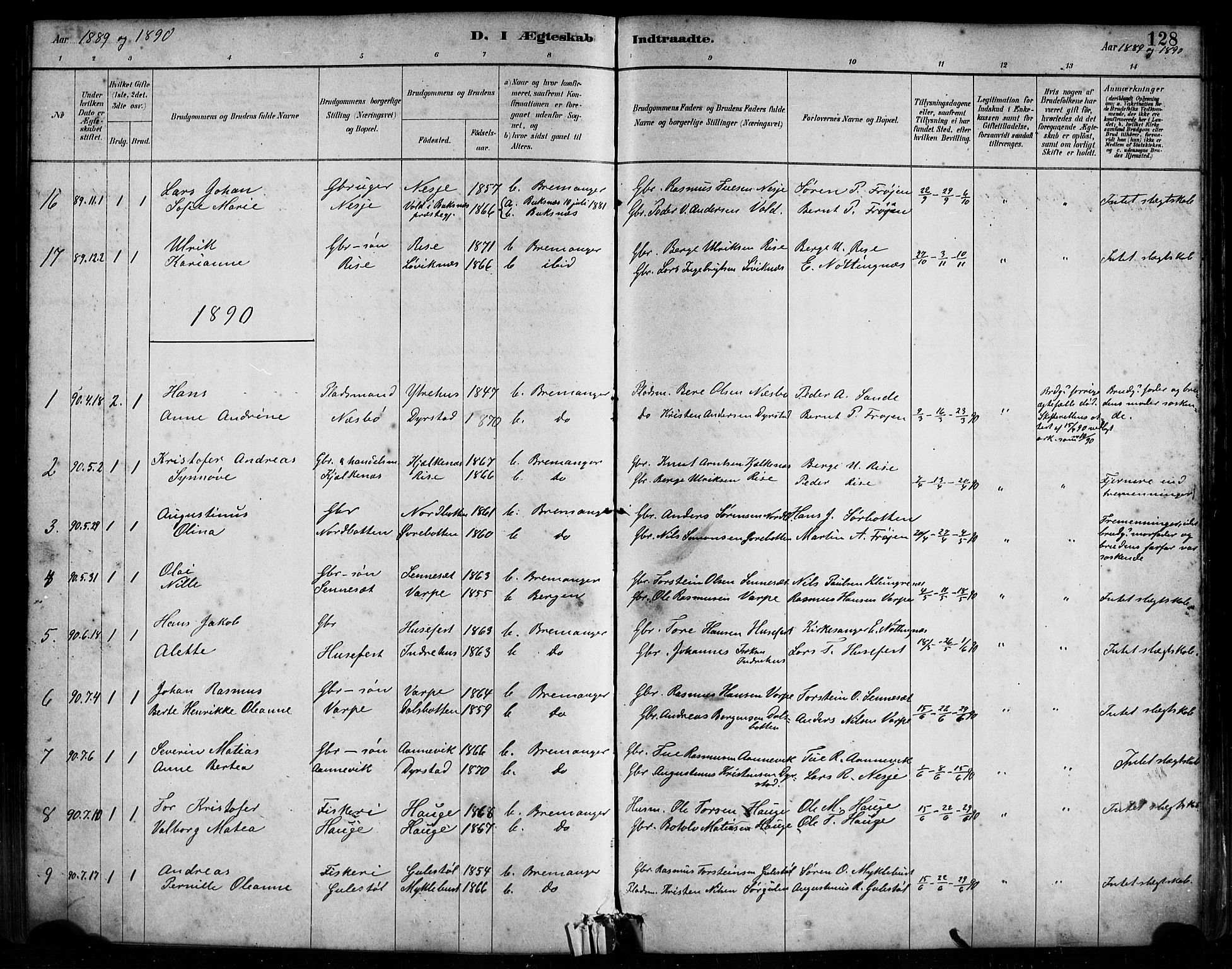 Bremanger sokneprestembete, SAB/A-82201/H/Haa/Haab/L0001: Parish register (official) no. B 1, 1884-1895, p. 128