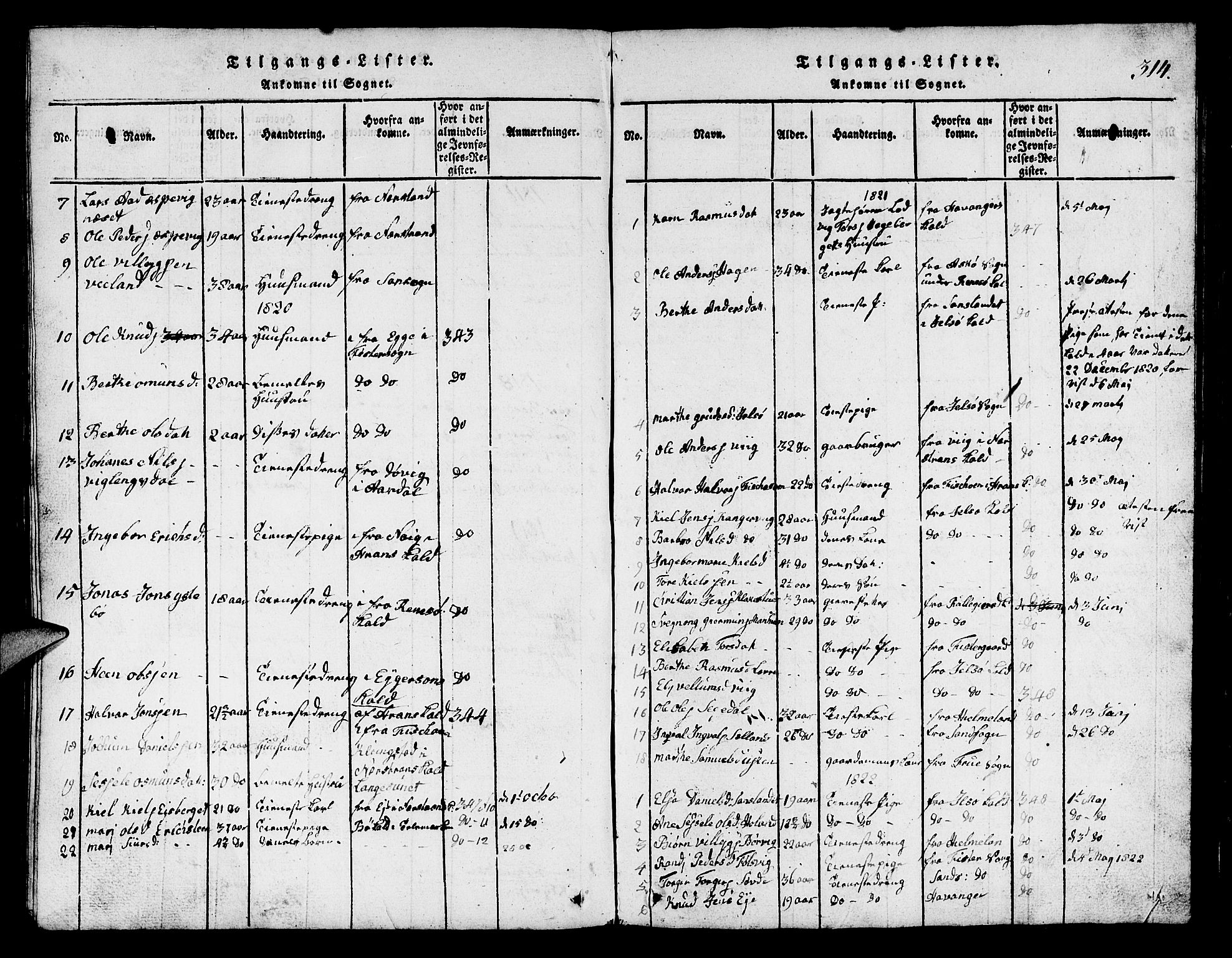 Finnøy sokneprestkontor, SAST/A-101825/H/Ha/Hab/L0001: Parish register (copy) no. B 1, 1816-1856, p. 314
