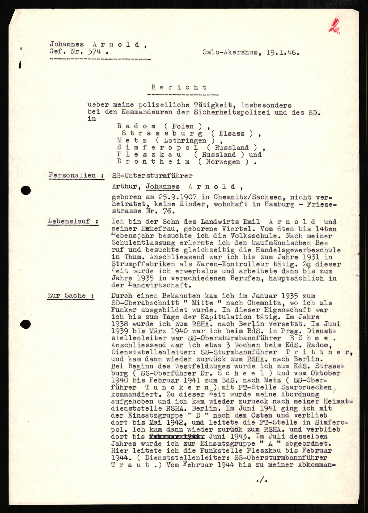 Forsvaret, Forsvarets overkommando II, RA/RAFA-3915/D/Db/L0001: CI Questionaires. Tyske okkupasjonsstyrker i Norge. Tyskere., 1945-1946, p. 357