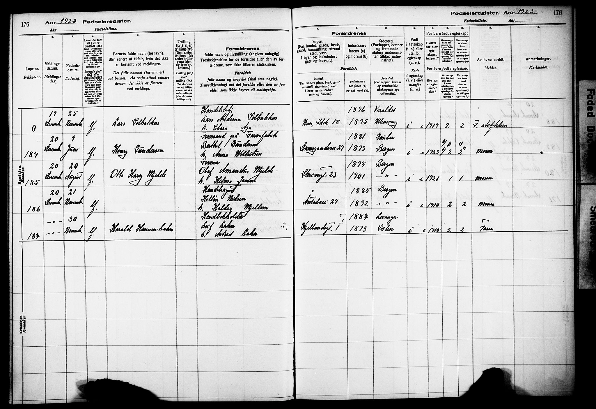 Årstad Sokneprestembete, AV/SAB-A-79301/I/Id/L0A02: Birth register no. A 2, 1920-1924, p. 176