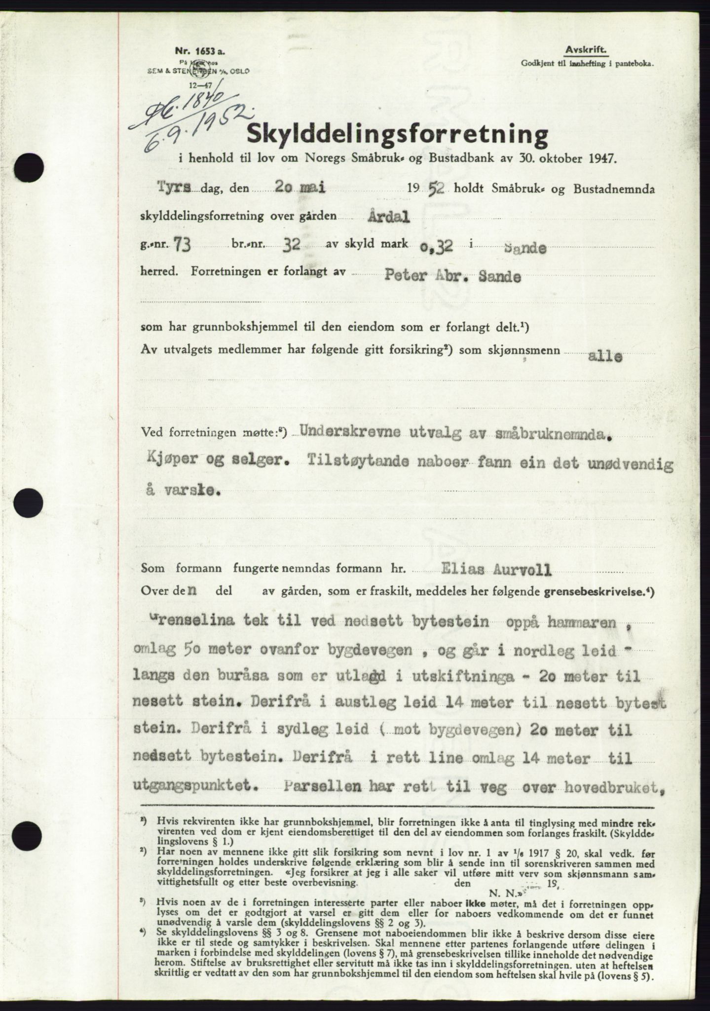 Søre Sunnmøre sorenskriveri, AV/SAT-A-4122/1/2/2C/L0092: Mortgage book no. 18A, 1952-1952, Diary no: : 1840/1952