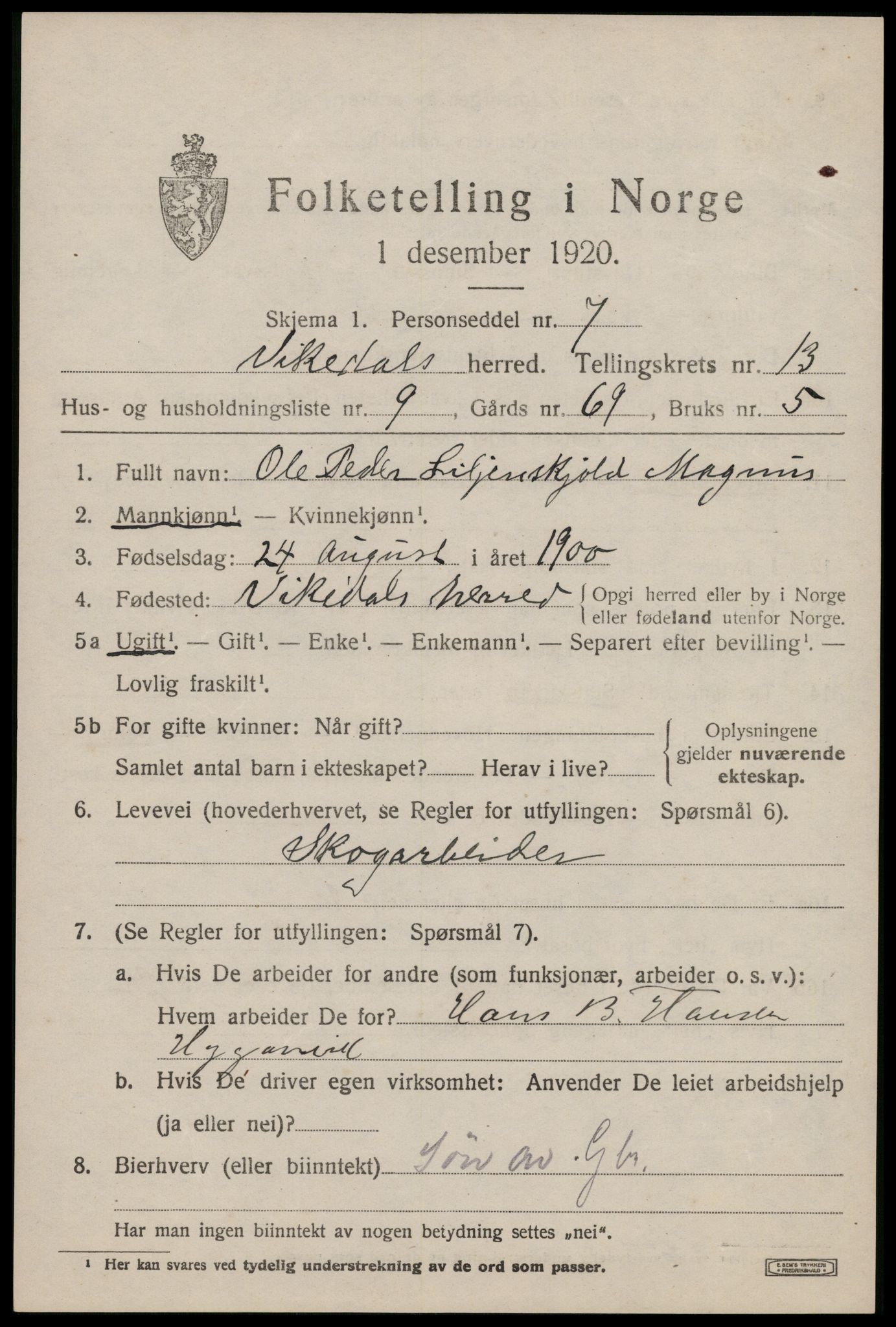 SAST, 1920 census for Vikedal, 1920, p. 4249