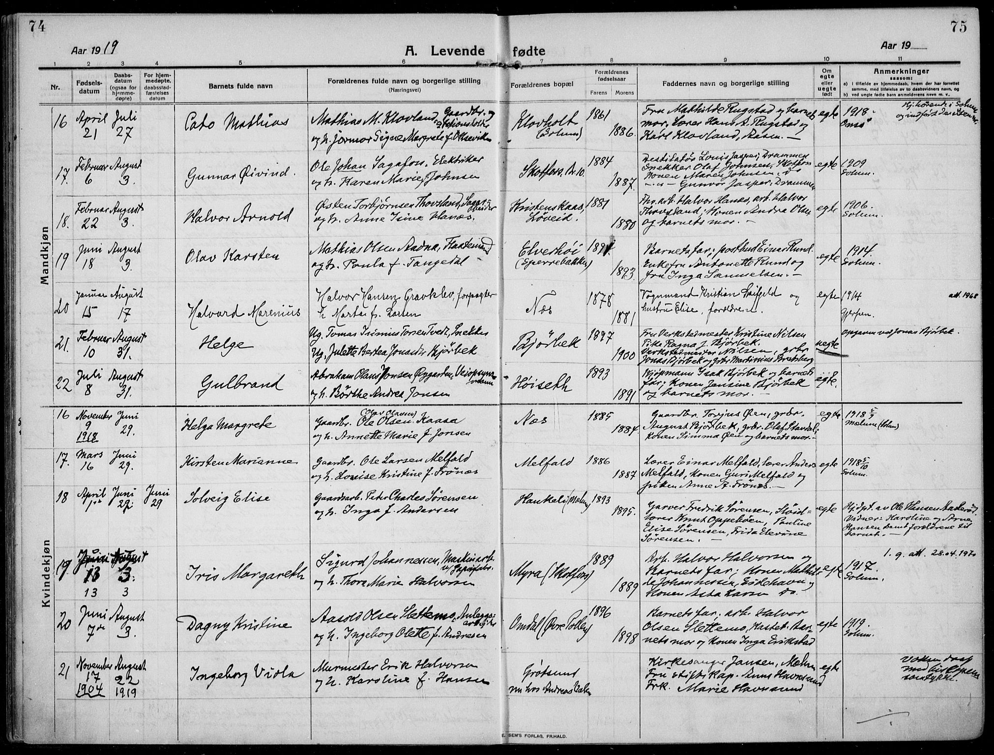 Solum kirkebøker, AV/SAKO-A-306/F/Fb/L0004: Parish register (official) no. II 4, 1913-1924, p. 74-75