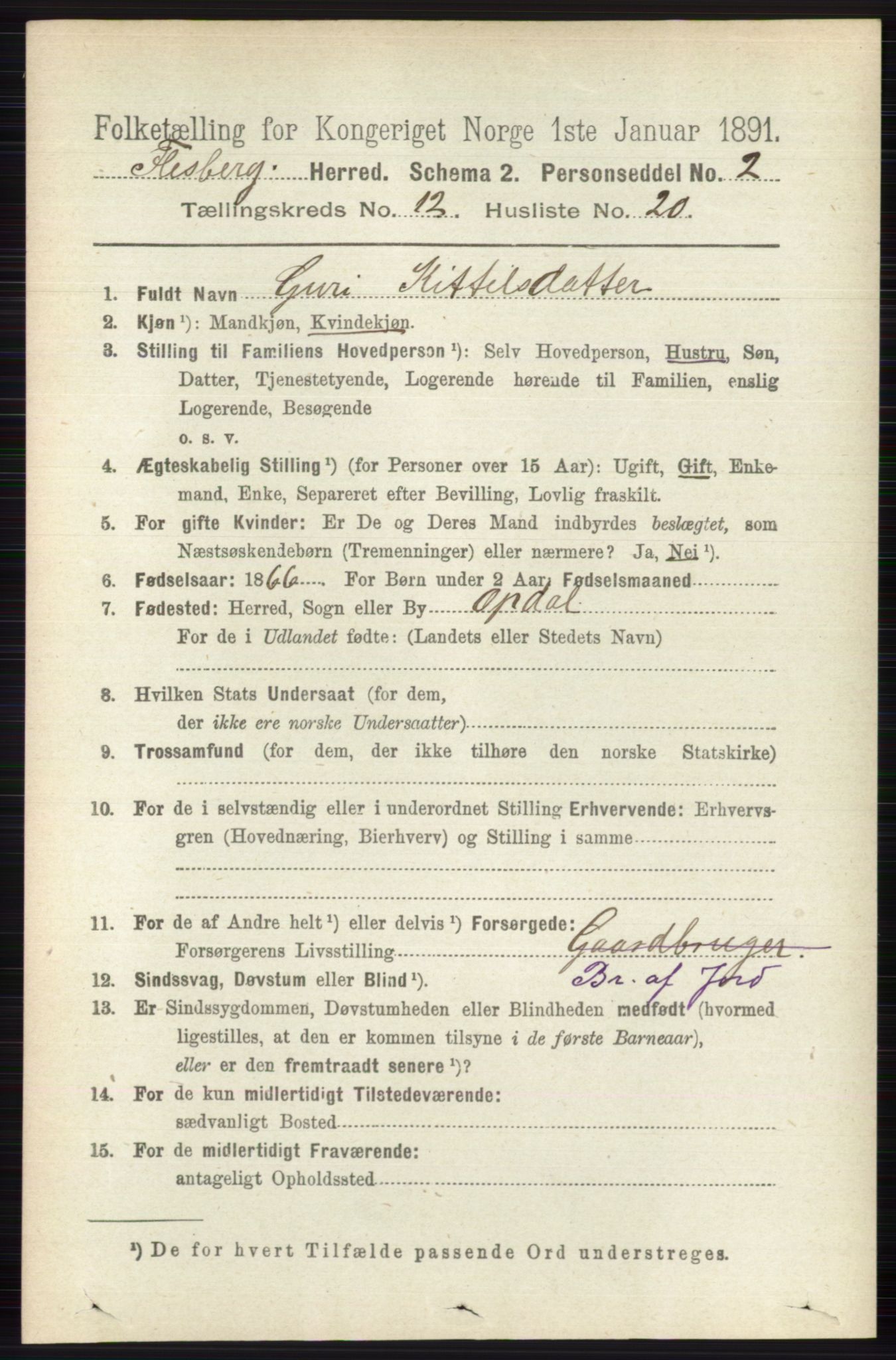 RA, 1891 census for 0631 Flesberg, 1891, p. 2174