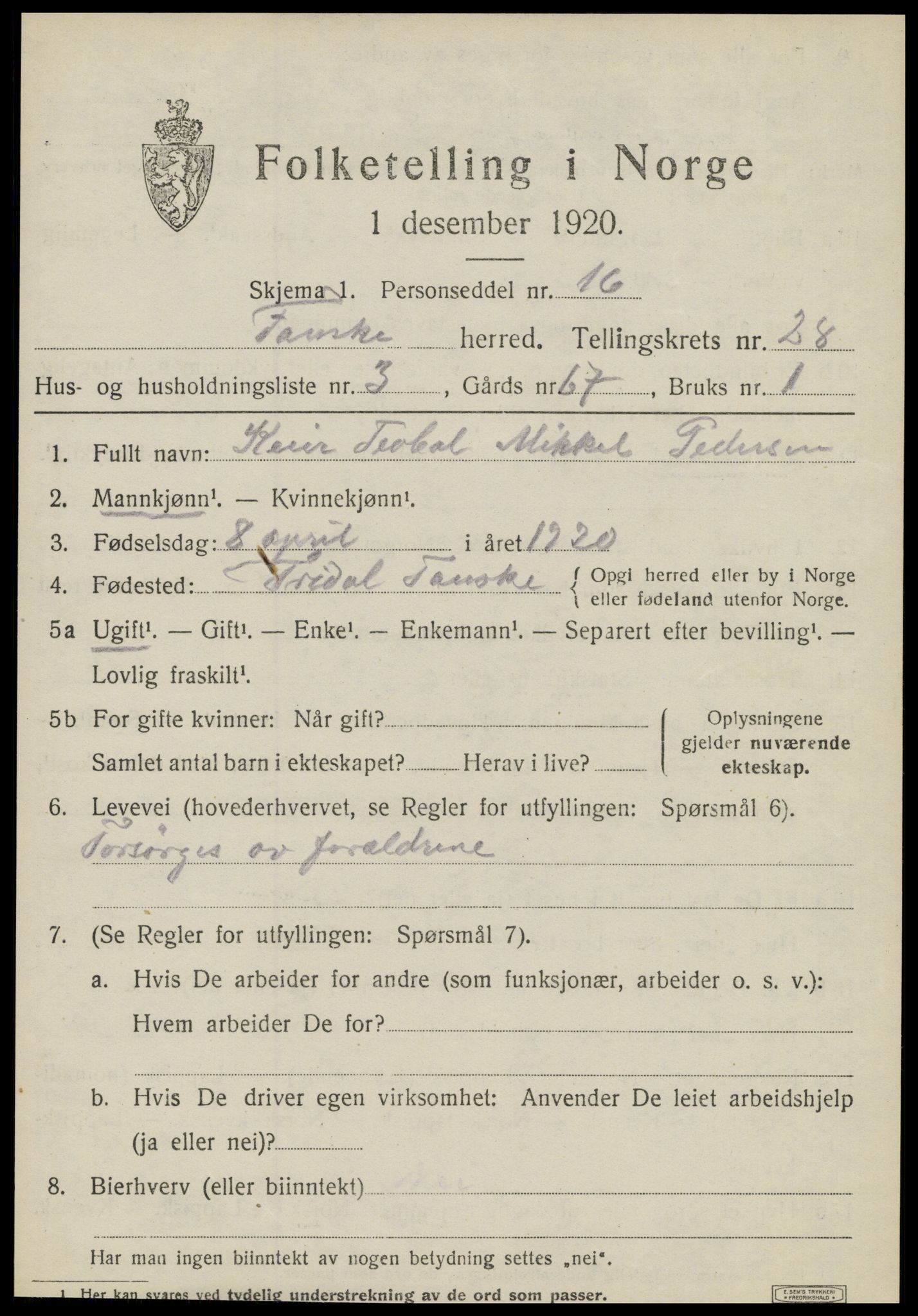 SAT, 1920 census for Fauske, 1920, p. 16996