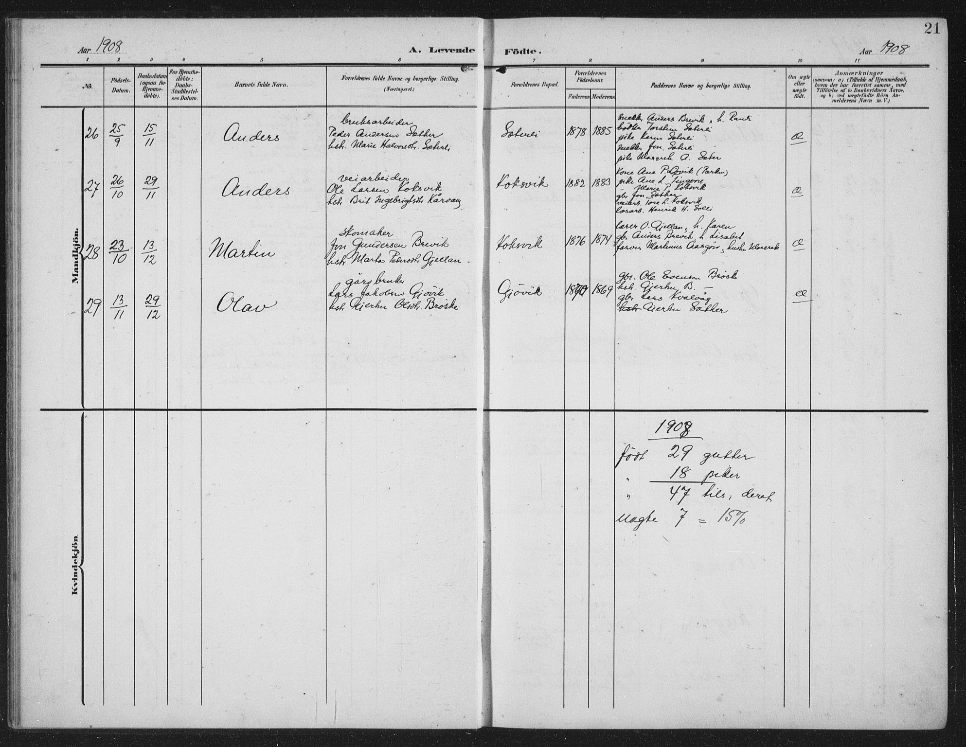 Ministerialprotokoller, klokkerbøker og fødselsregistre - Møre og Romsdal, AV/SAT-A-1454/586/L0989: Parish register (official) no. 586A15, 1906-1915, p. 21