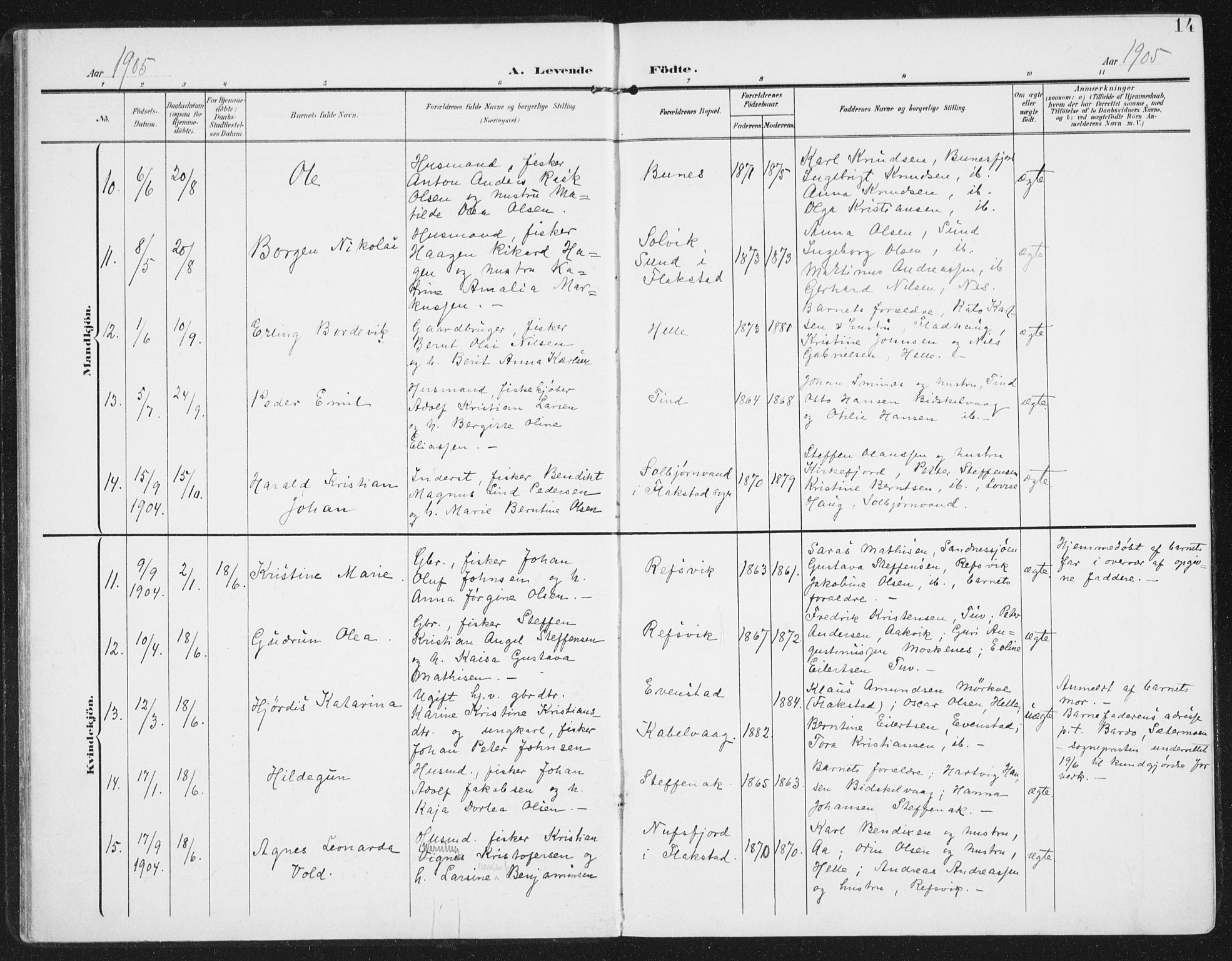 Ministerialprotokoller, klokkerbøker og fødselsregistre - Nordland, SAT/A-1459/886/L1221: Parish register (official) no. 886A03, 1903-1913, p. 14