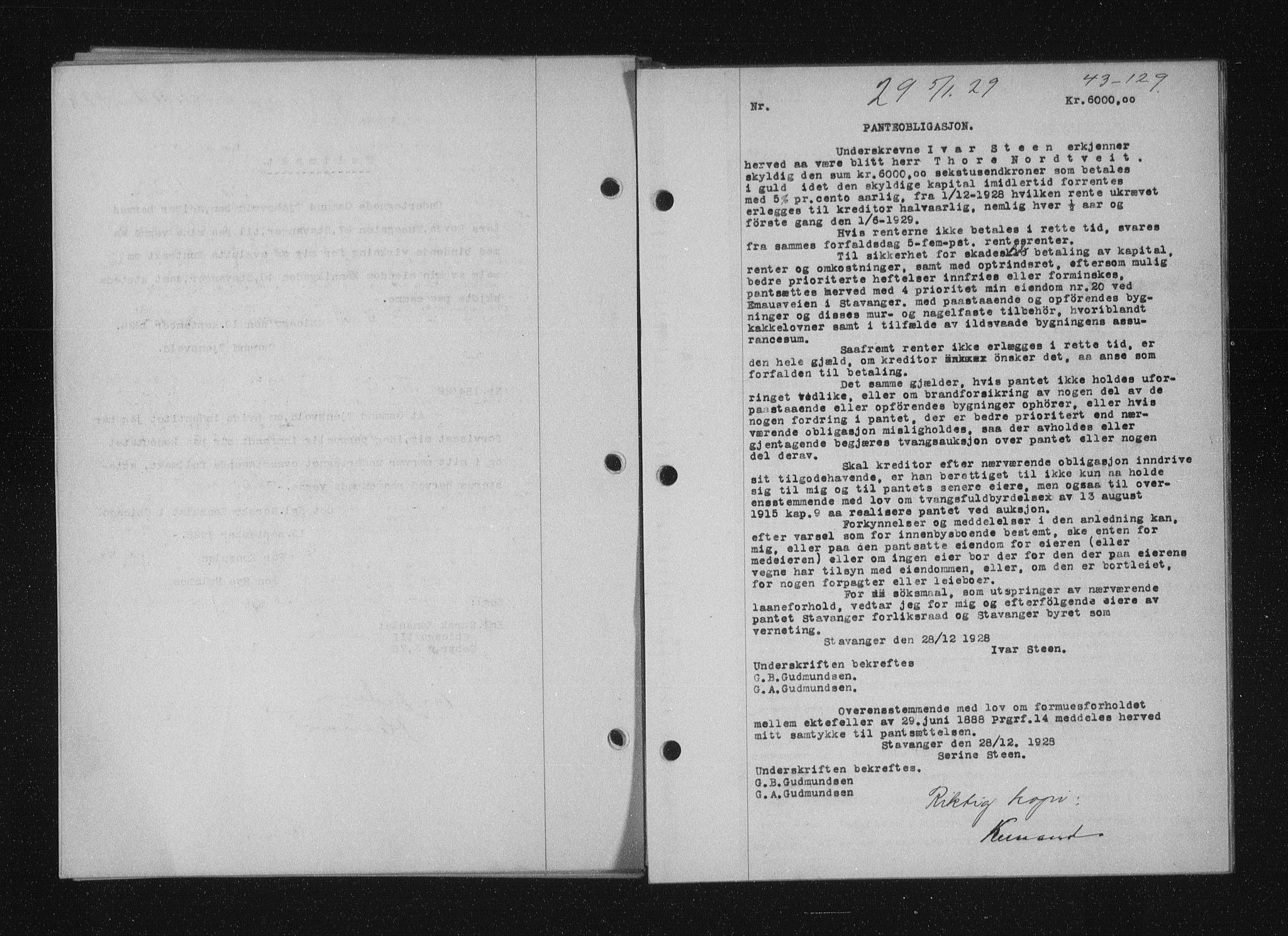 Stavanger byfogd, SAST/A-101408/001/4/41/410/410BB/L0055: Mortgage book no. 43, 1928-1929, Deed date: 05.01.1929
