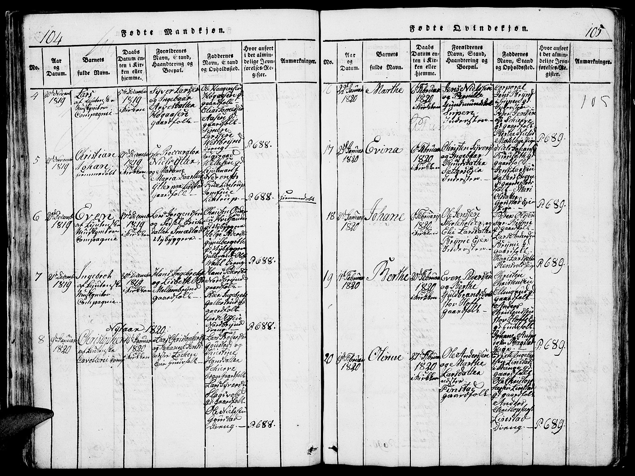 Romedal prestekontor, AV/SAH-PREST-004/L/L0005: Parish register (copy) no. 5, 1814-1829, p. 104-105