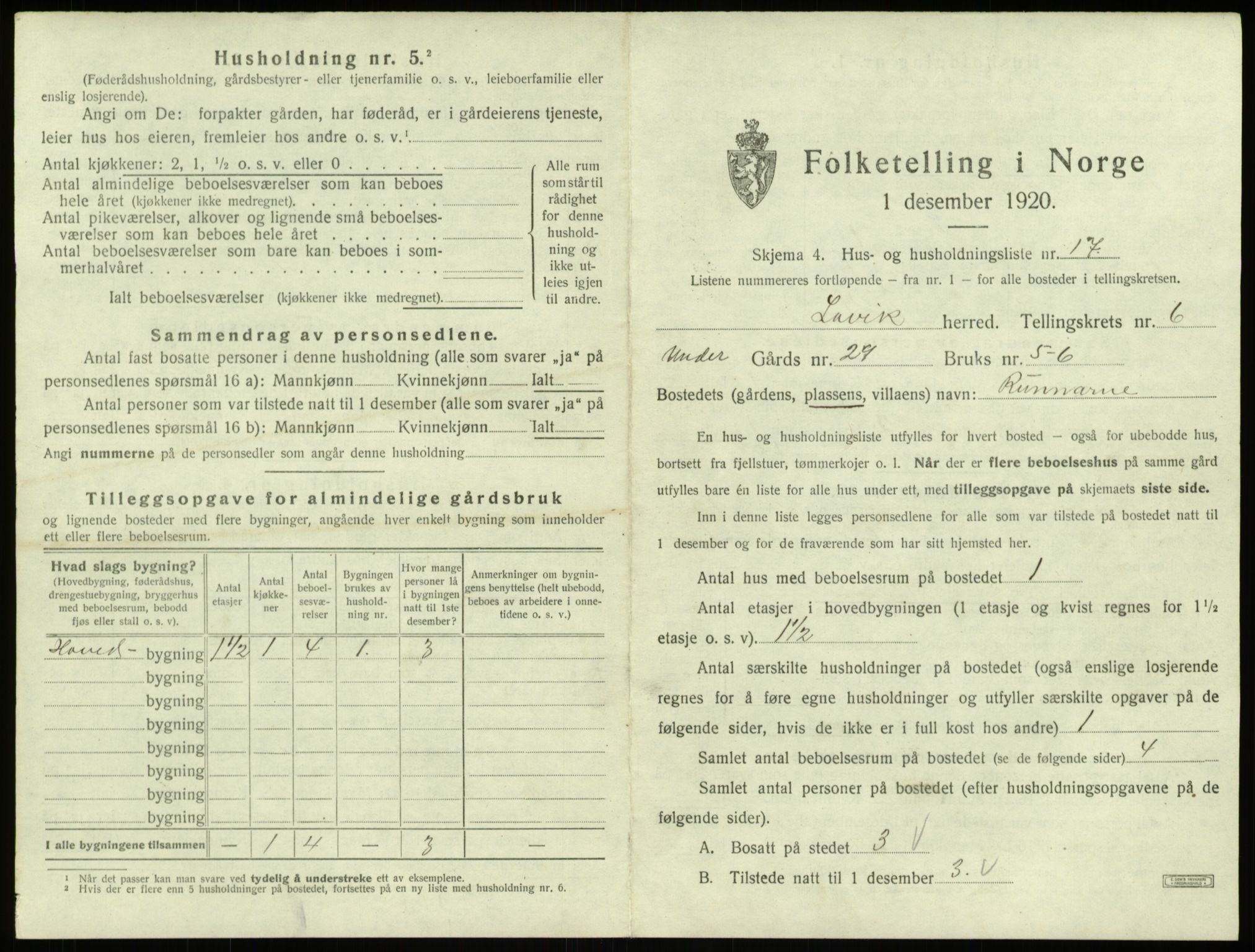 SAB, 1920 census for Lavik, 1920, p. 224