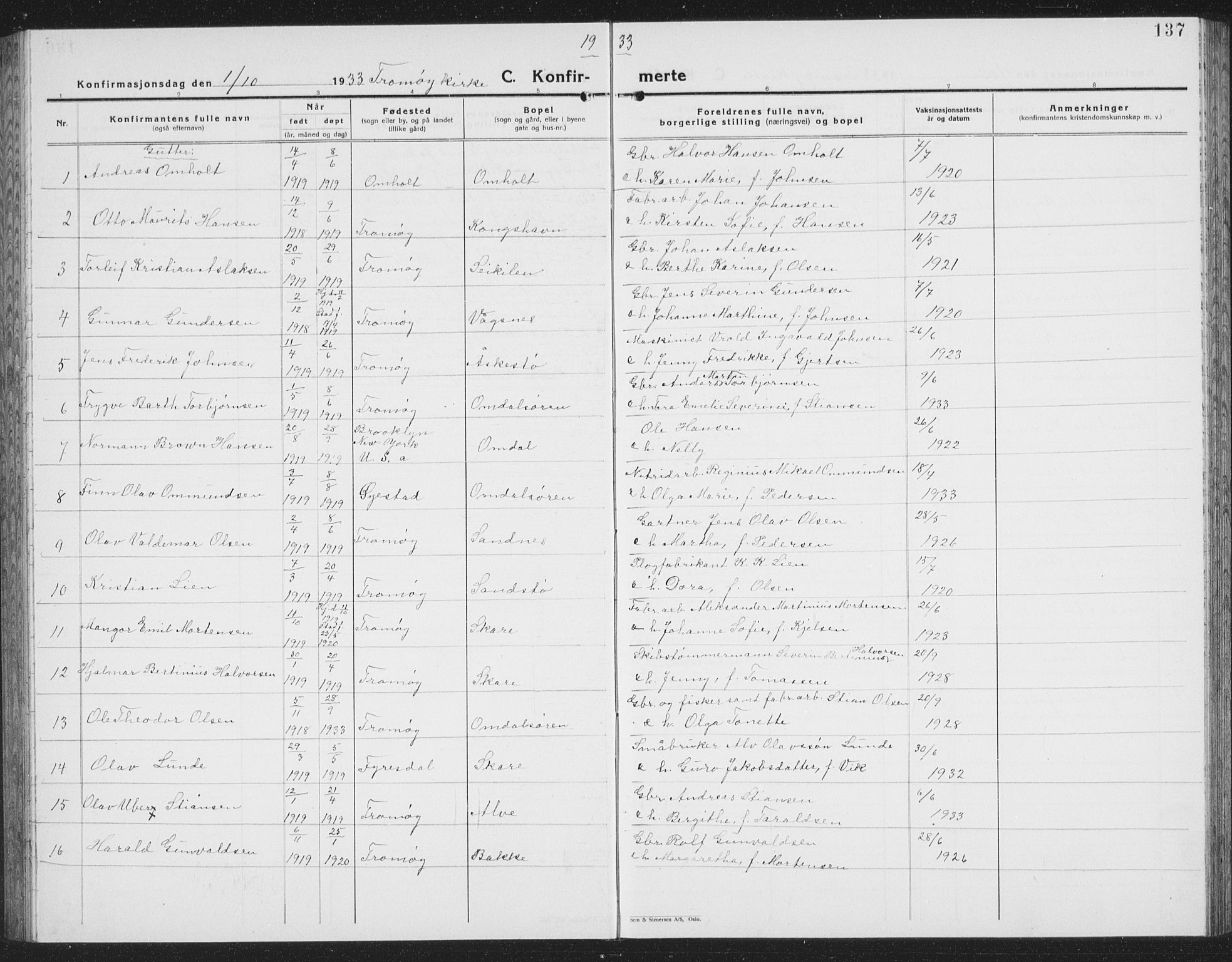 Tromøy sokneprestkontor, SAK/1111-0041/F/Fb/L0008: Parish register (copy) no. B 8, 1925-1938, p. 137