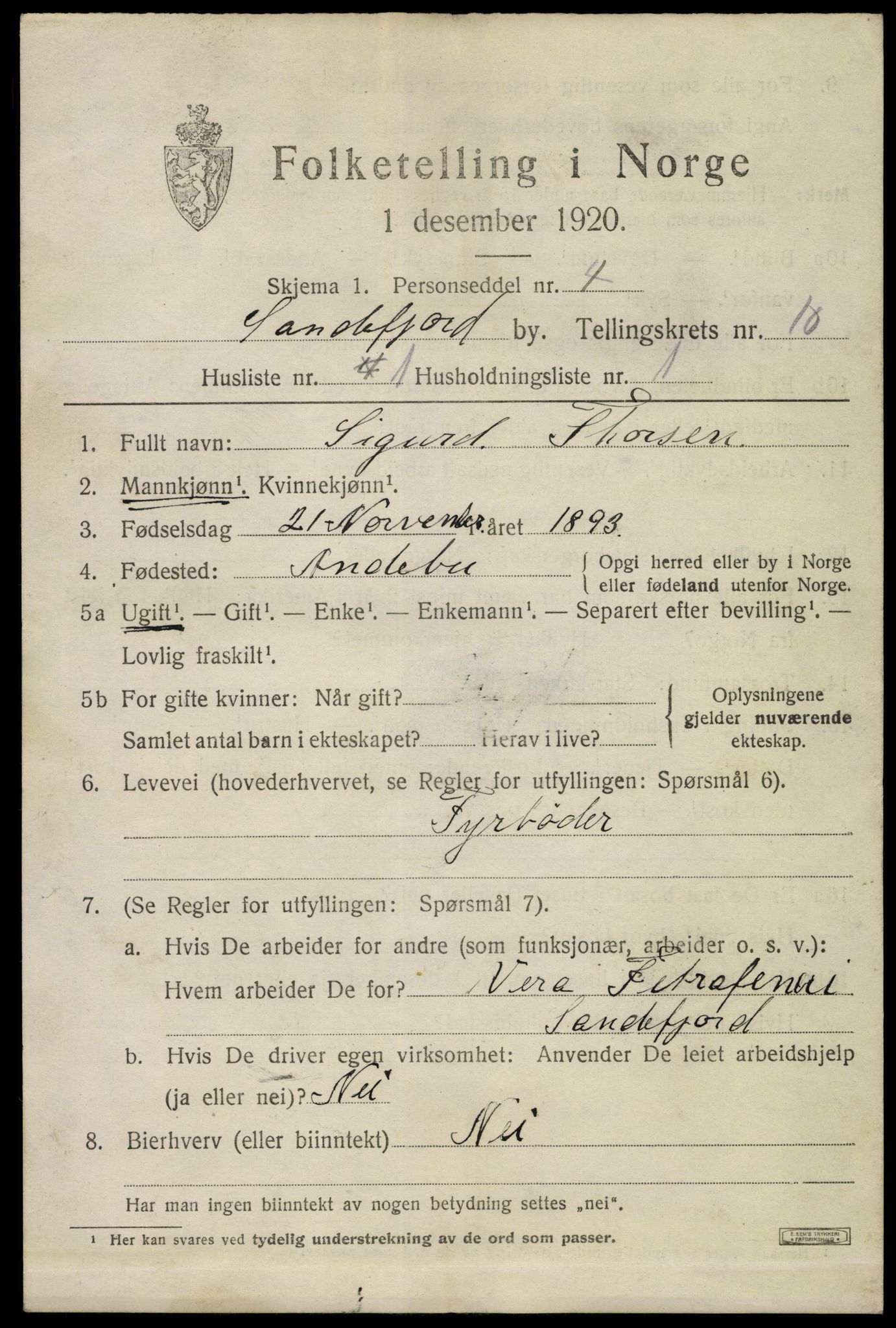 SAKO, 1920 census for Sandefjord, 1920, p. 14062