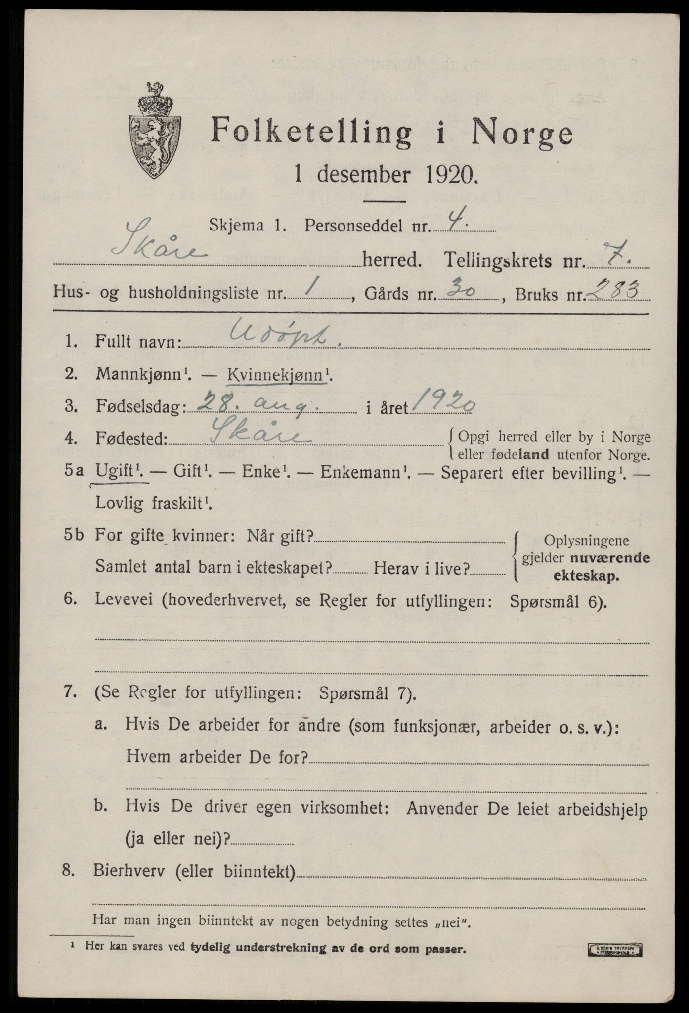 SAST, 1920 census for Skåre, 1920, p. 4720