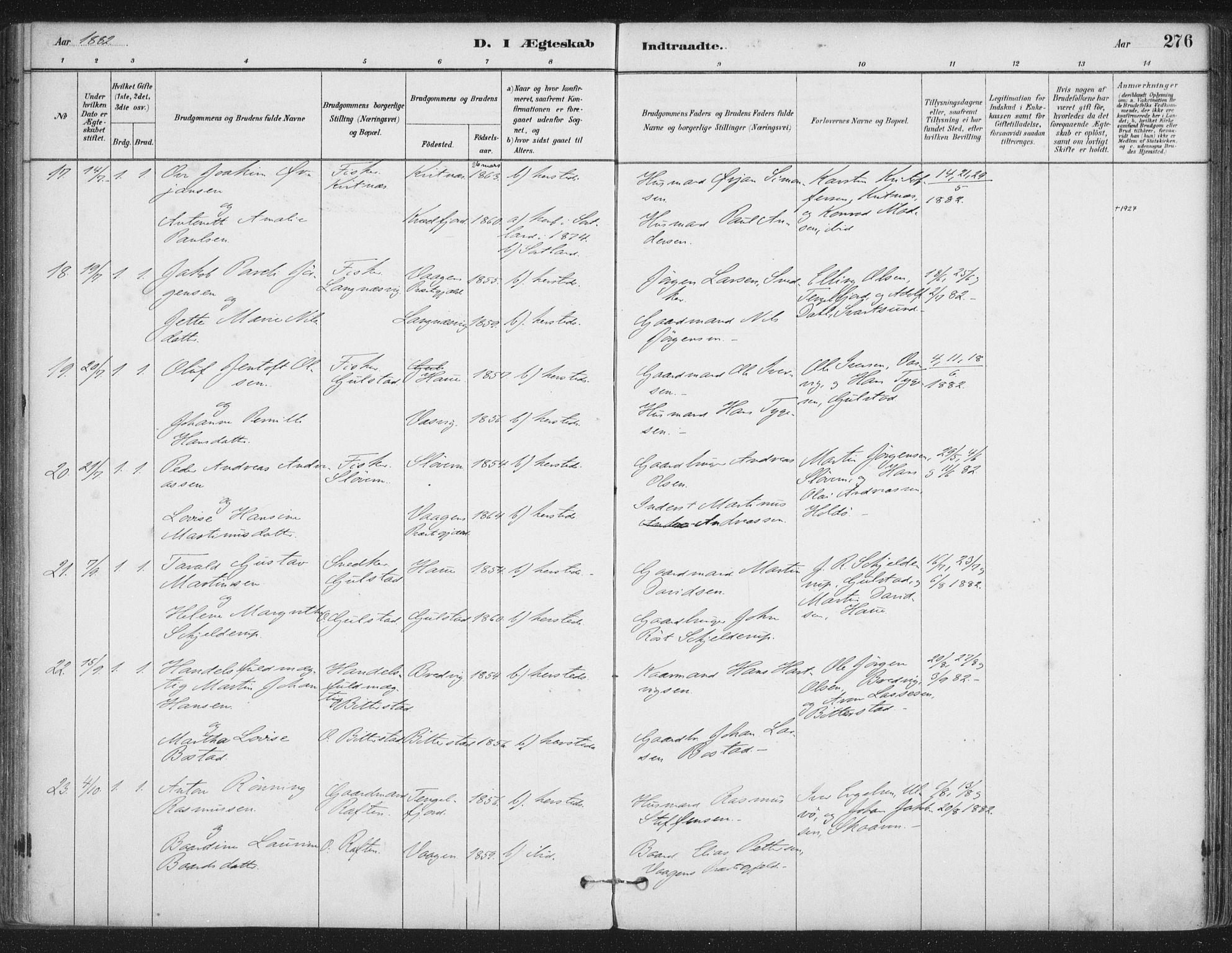 Ministerialprotokoller, klokkerbøker og fødselsregistre - Nordland, AV/SAT-A-1459/888/L1244: Parish register (official) no. 888A10, 1880-1890, p. 276