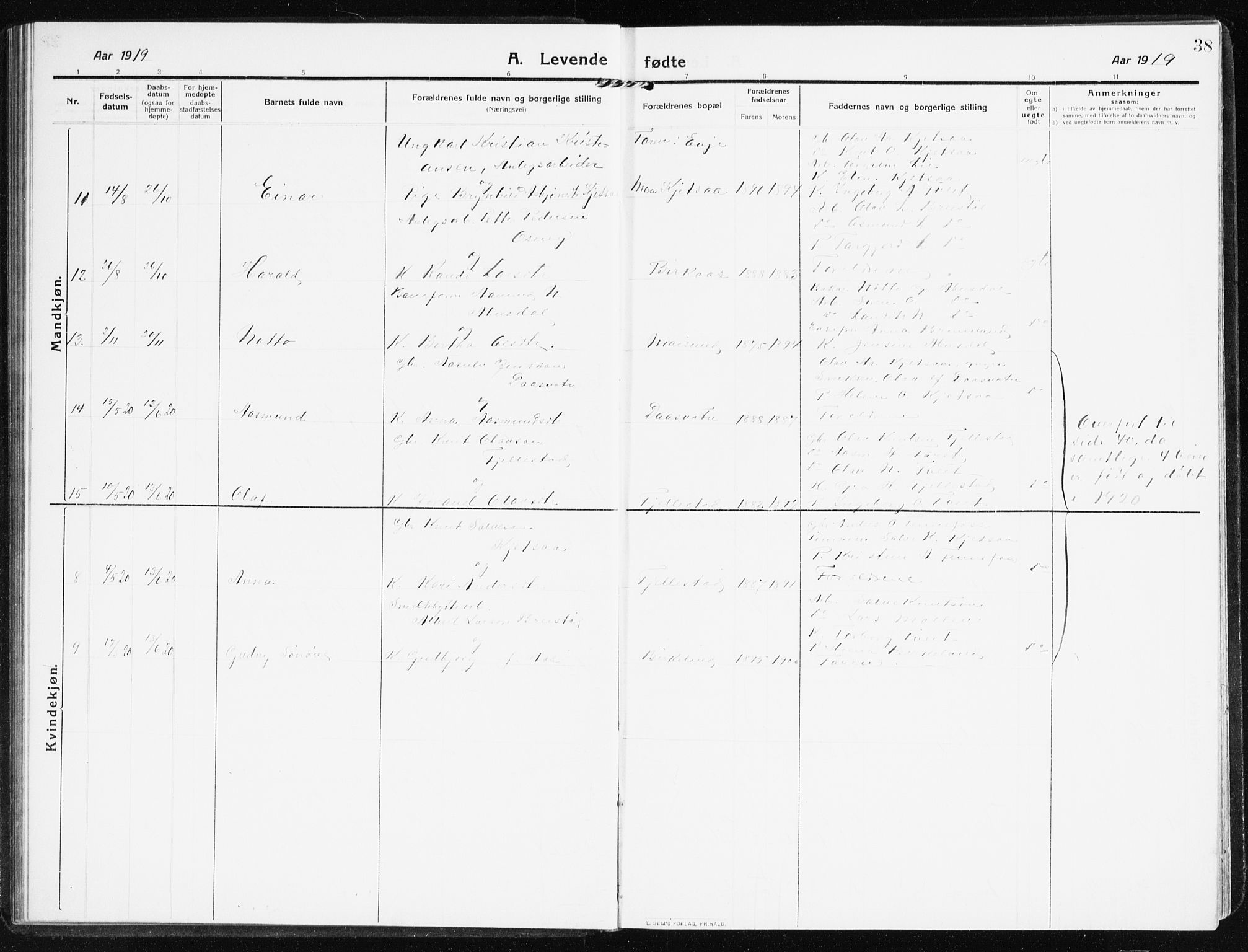 Evje sokneprestkontor, AV/SAK-1111-0008/F/Fb/Fbb/L0003: Parish register (copy) no. B 3, 1910-1933, p. 38