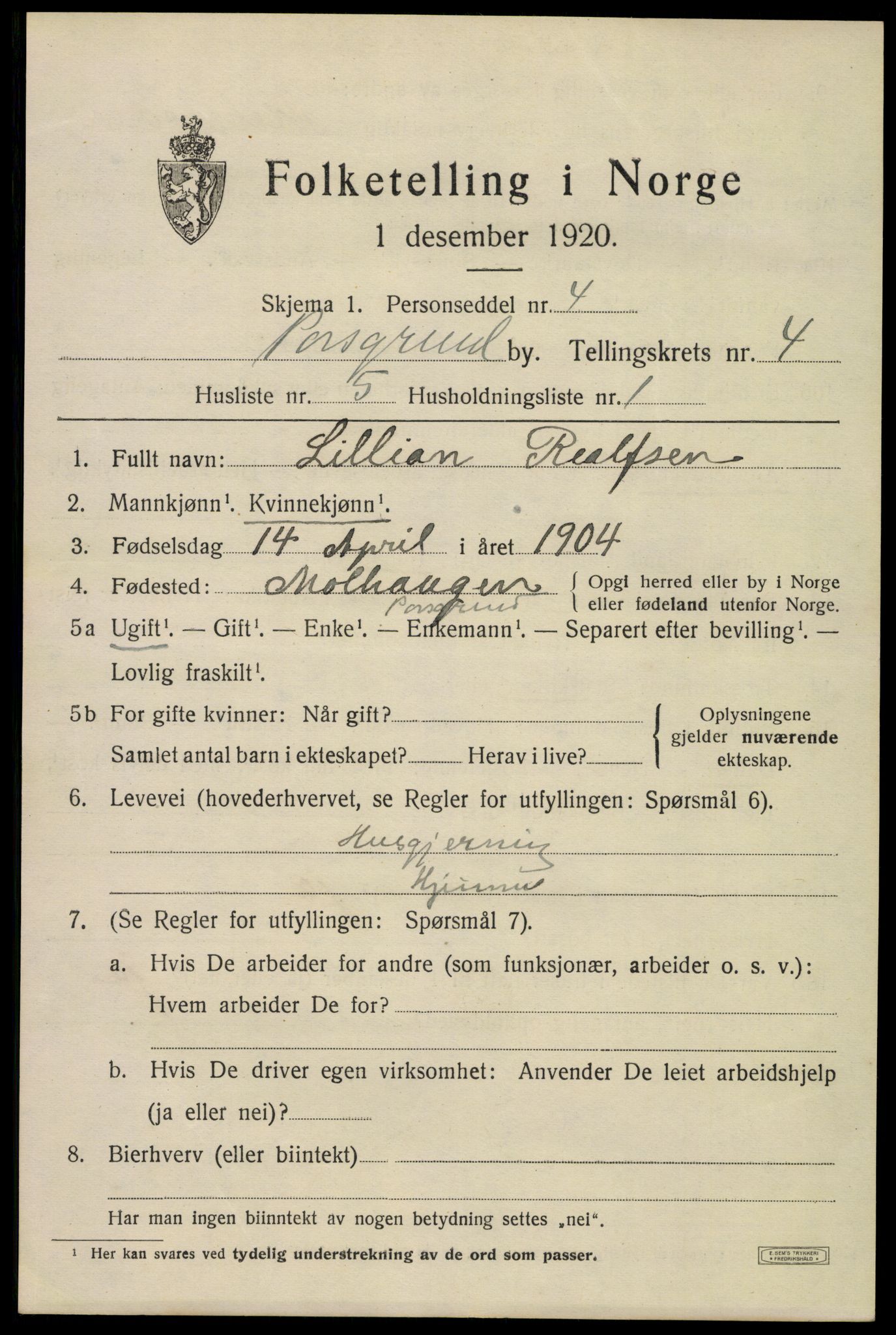 SAKO, 1920 census for Porsgrunn, 1920, p. 18919