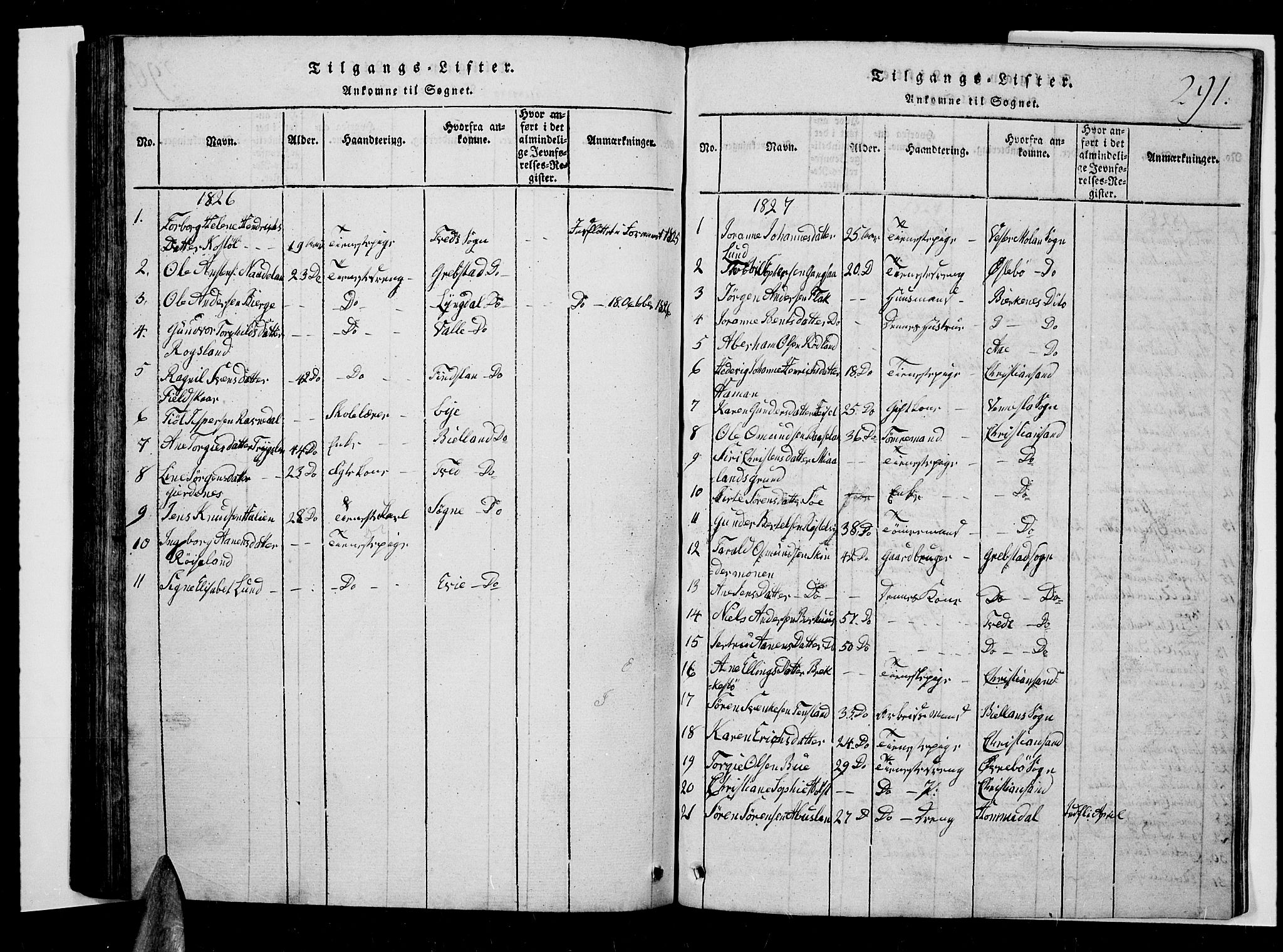 Oddernes sokneprestkontor, SAK/1111-0033/F/Fb/Fba/L0003: Parish register (copy) no. B 3, 1820-1838, p. 291