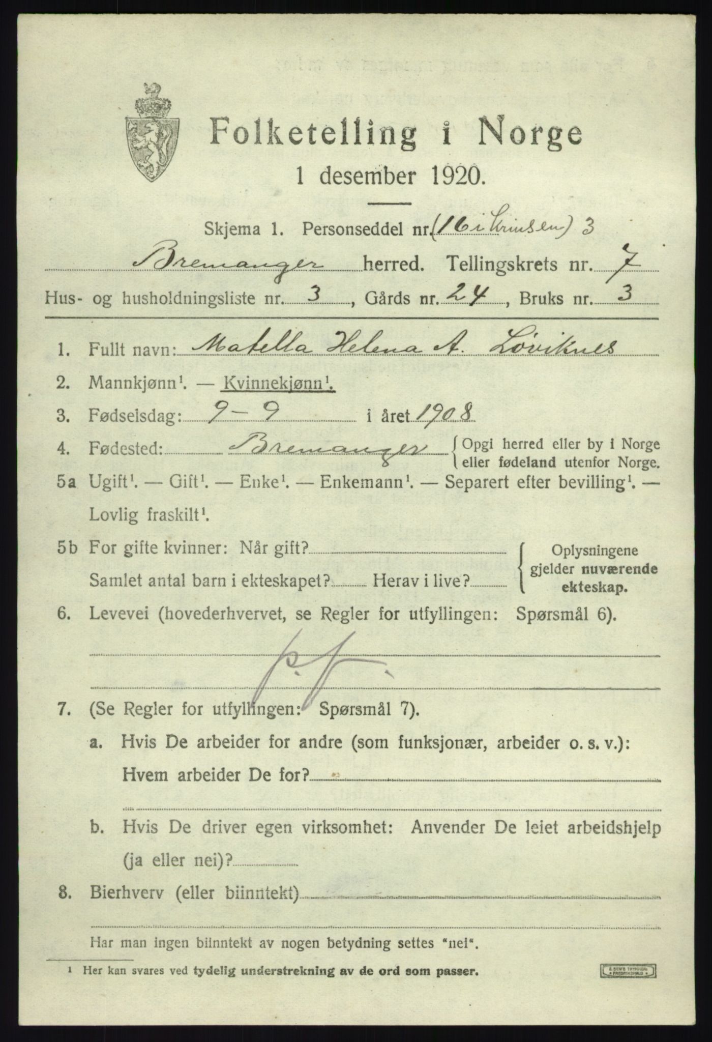 SAB, 1920 census for Bremanger, 1920, p. 4432