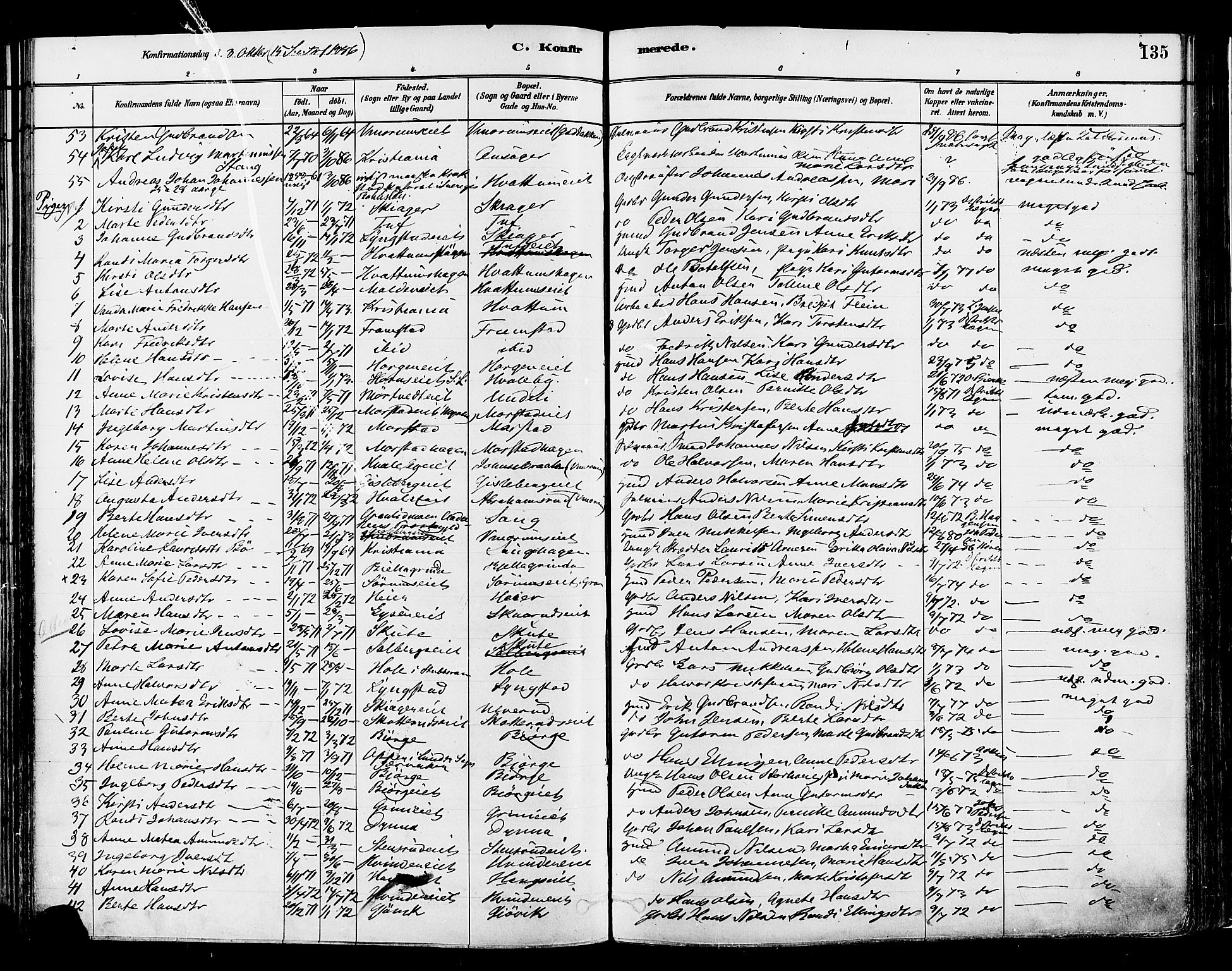 Gran prestekontor, SAH/PREST-112/H/Ha/Haa/L0014: Parish register (official) no. 14, 1880-1889, p. 135