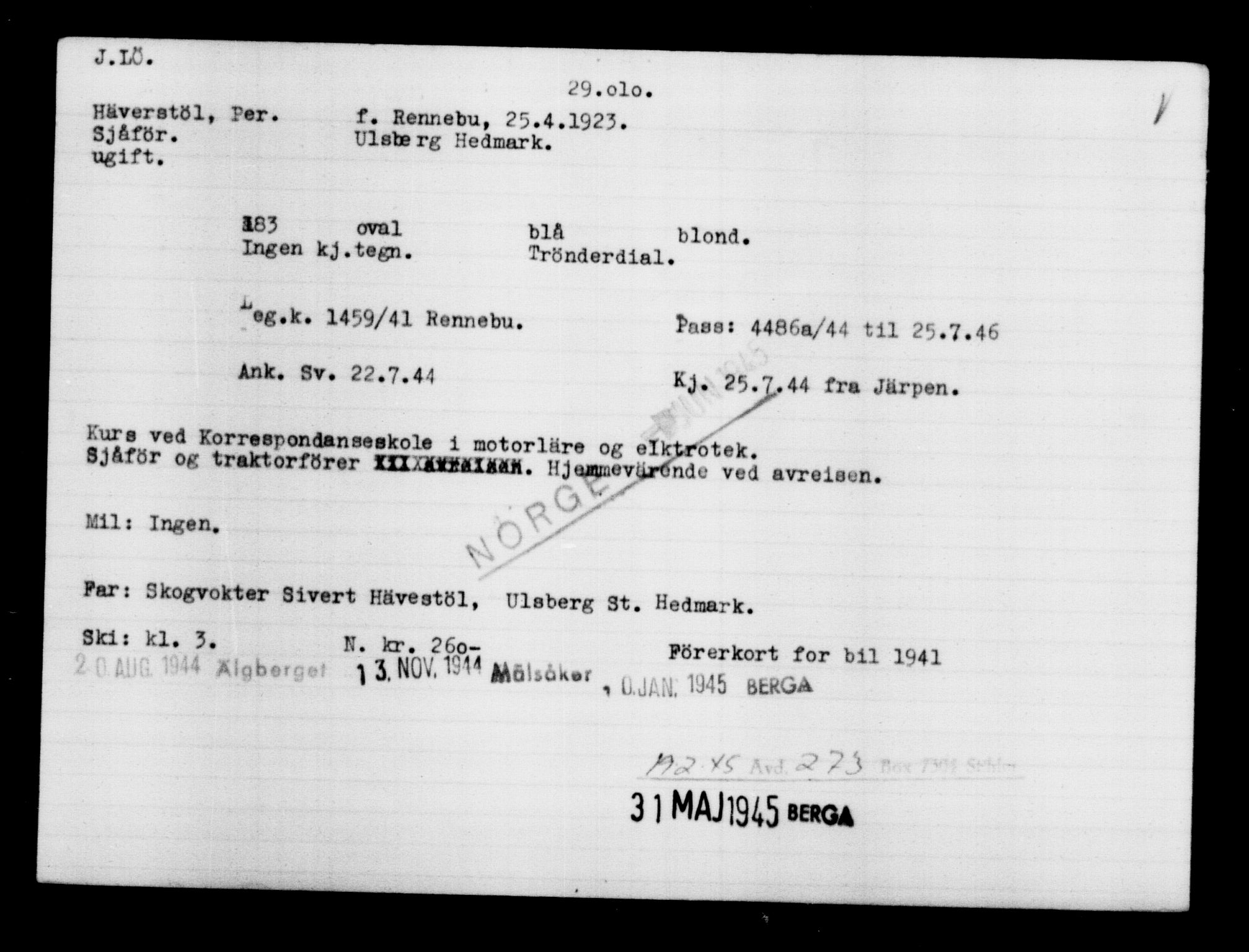 Utenriksstasjonene, Legasjonen i Stockholm, Flyktningkontoret, AV/RA-S-6753/V/Va/L0012: Kjesäterkartoteket, flyktninger med registreringsnr. 28300-31566, 1940-1945, p. 763