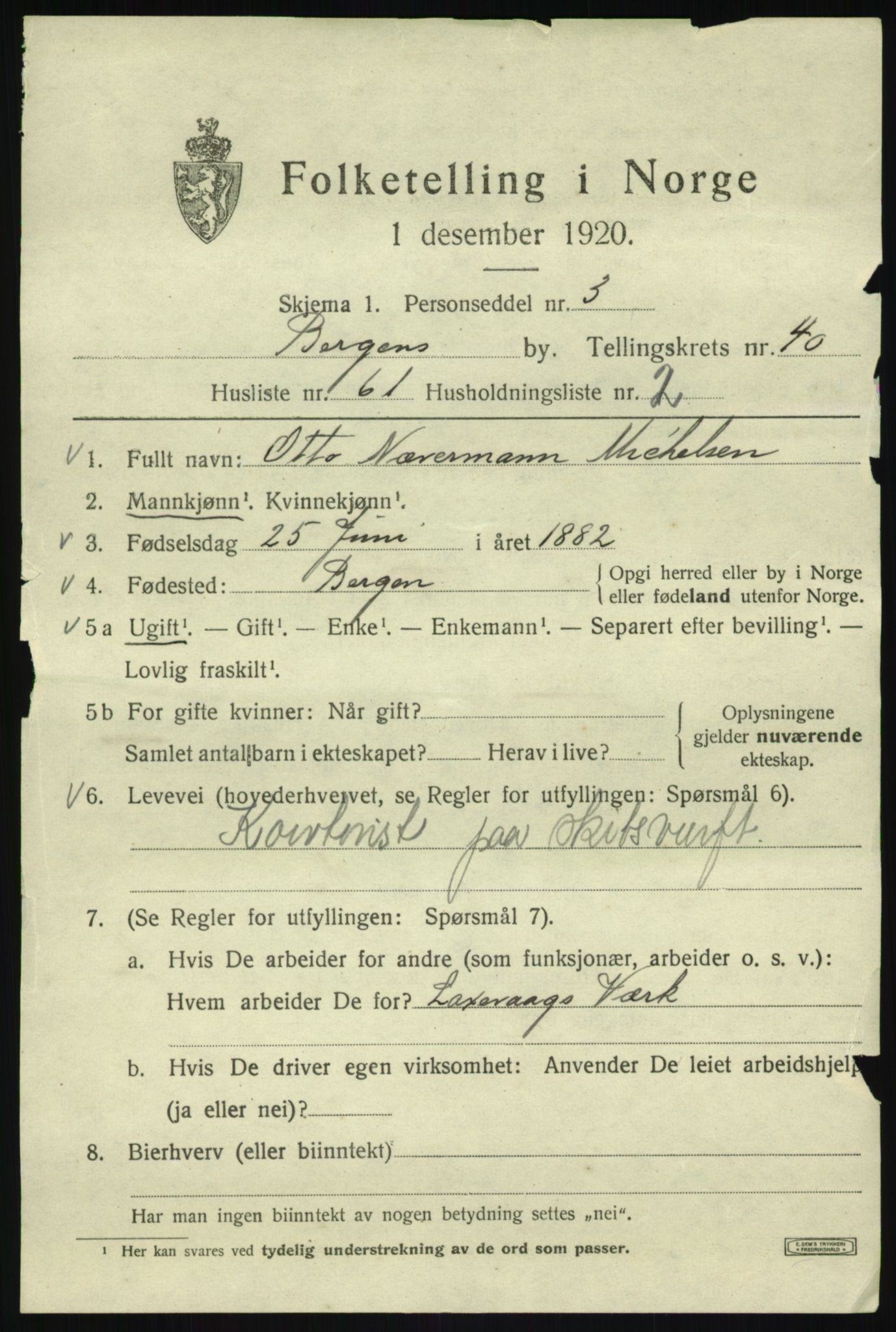 SAB, 1920 census for Bergen, 1920, p. 109216