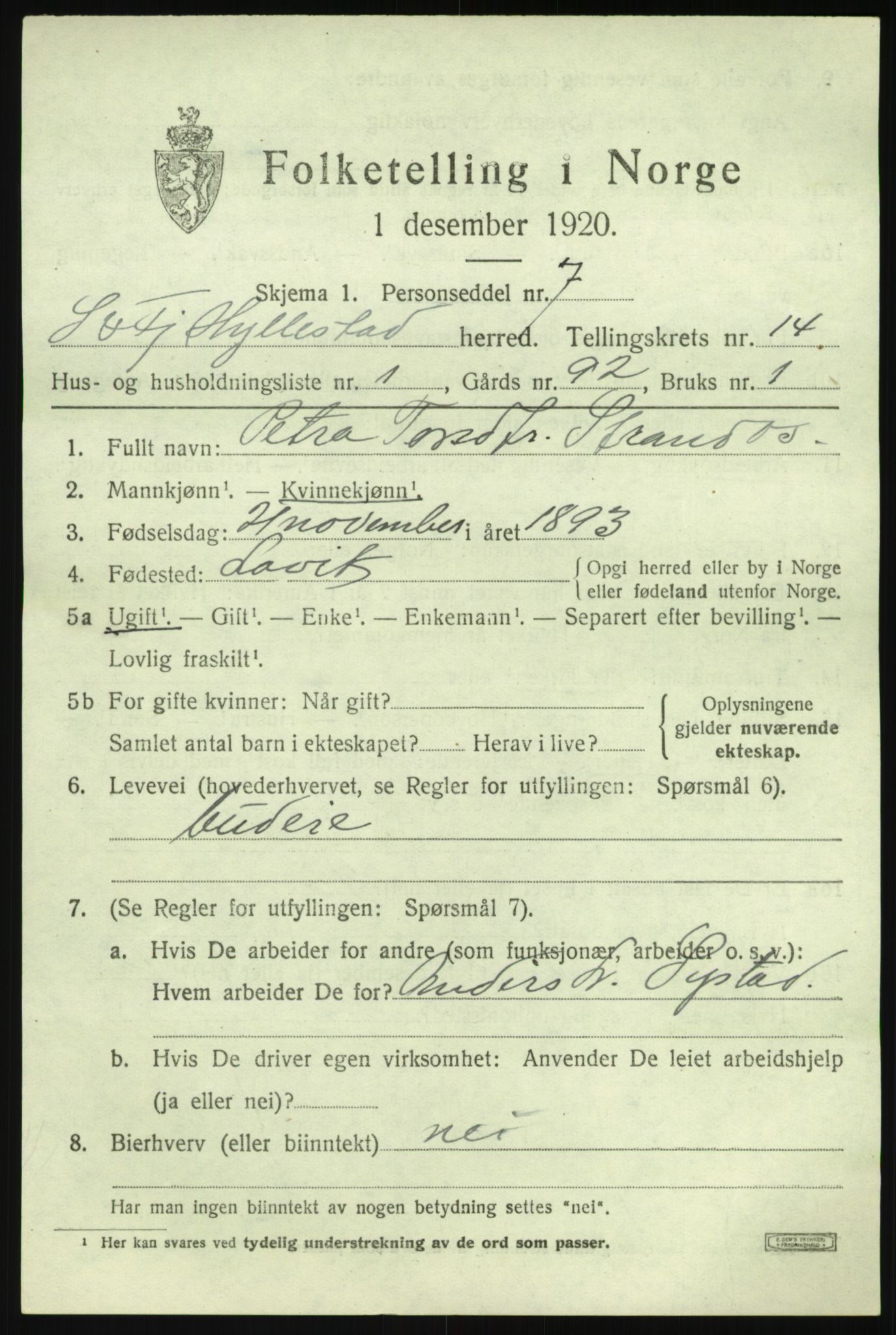 SAB, 1920 census for Hyllestad, 1920, p. 5106