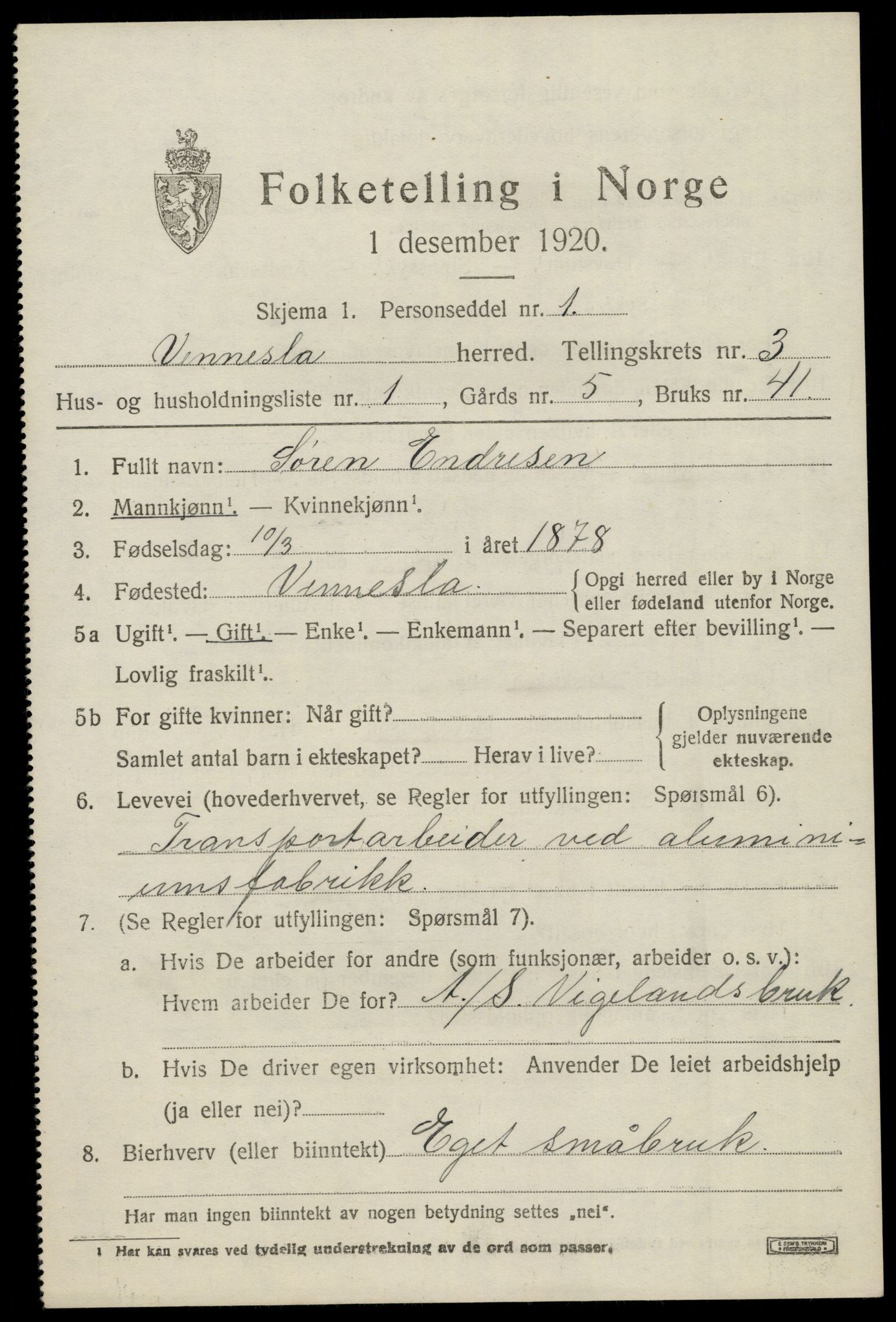 SAK, 1920 census for Vennesla, 1920, p. 2152