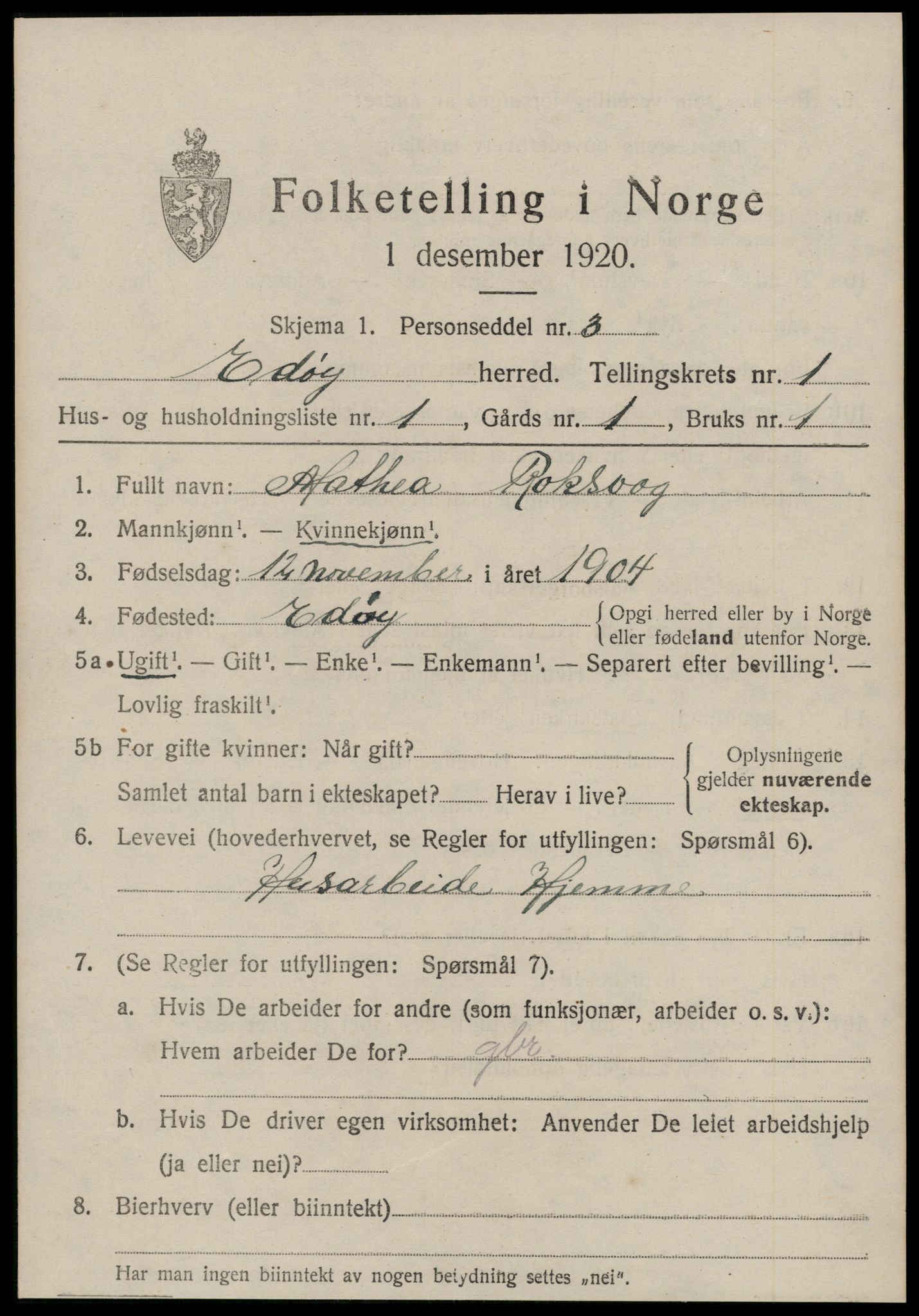 SAT, 1920 census for Edøy, 1920, p. 370