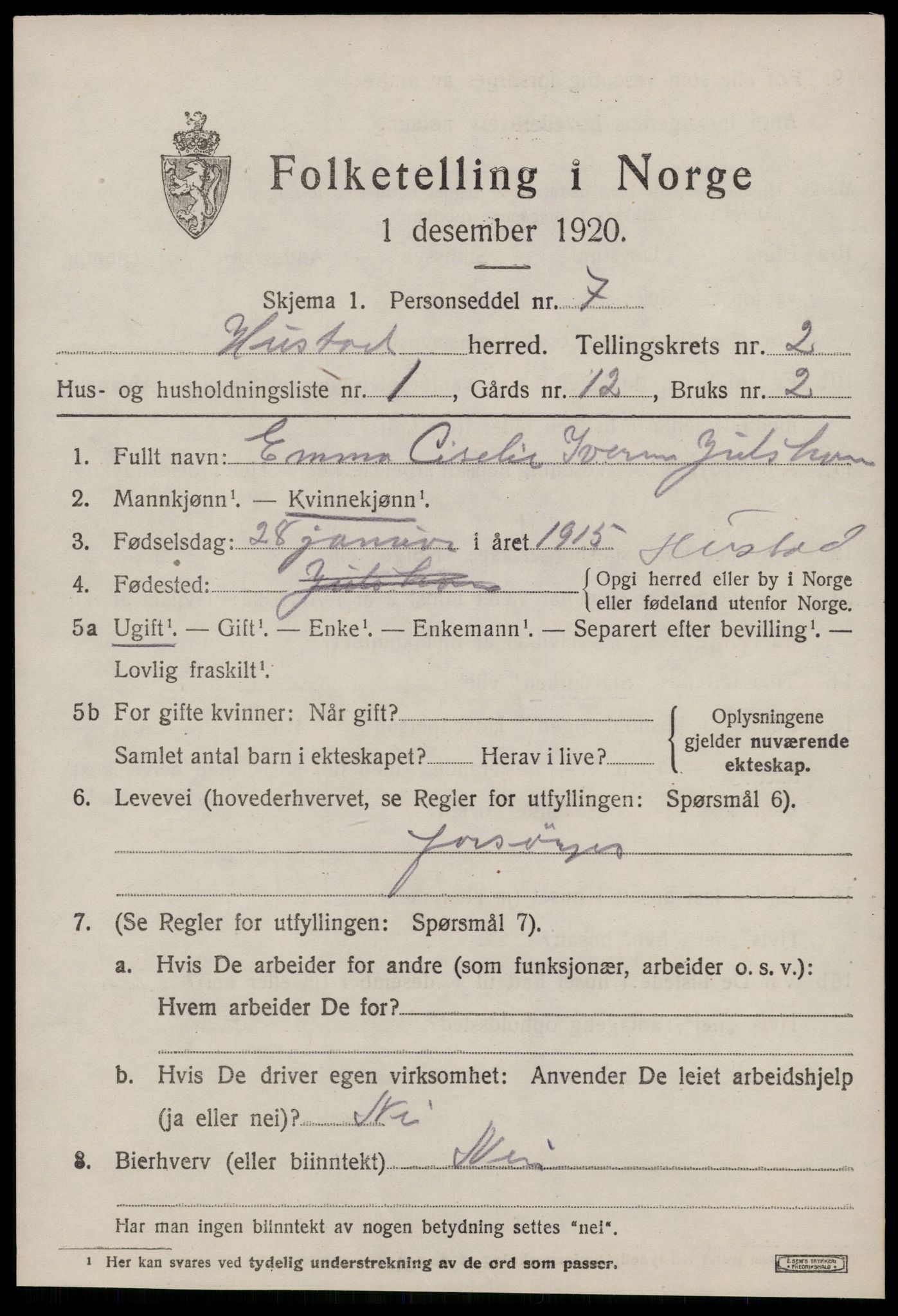 SAT, 1920 census for Hustad, 1920, p. 1531