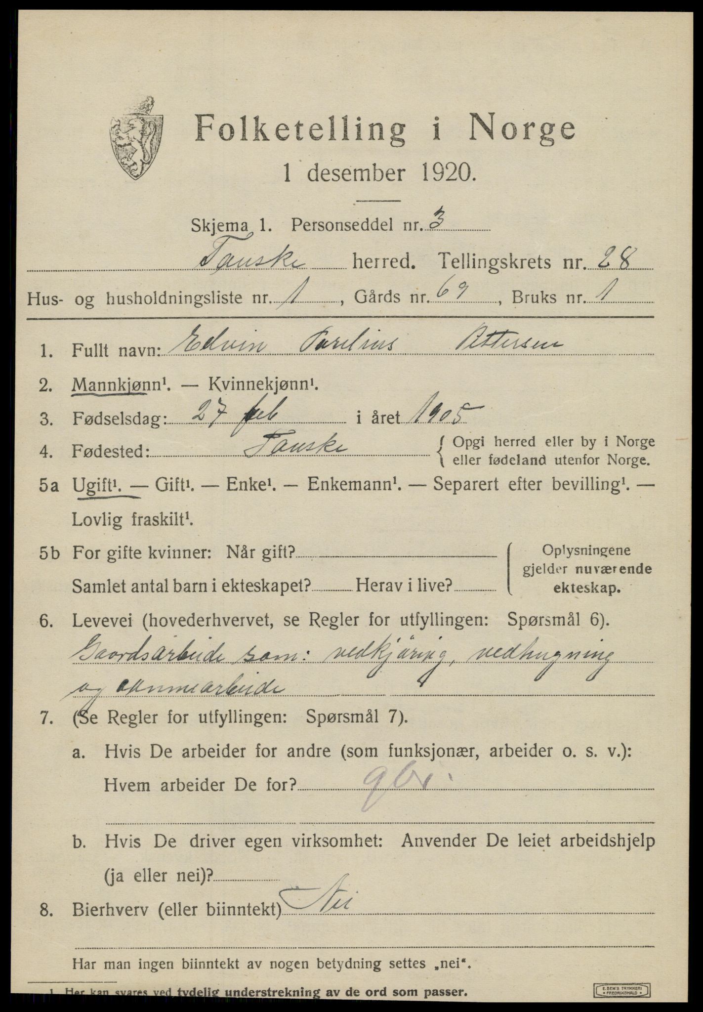 SAT, 1920 census for Fauske, 1920, p. 16960