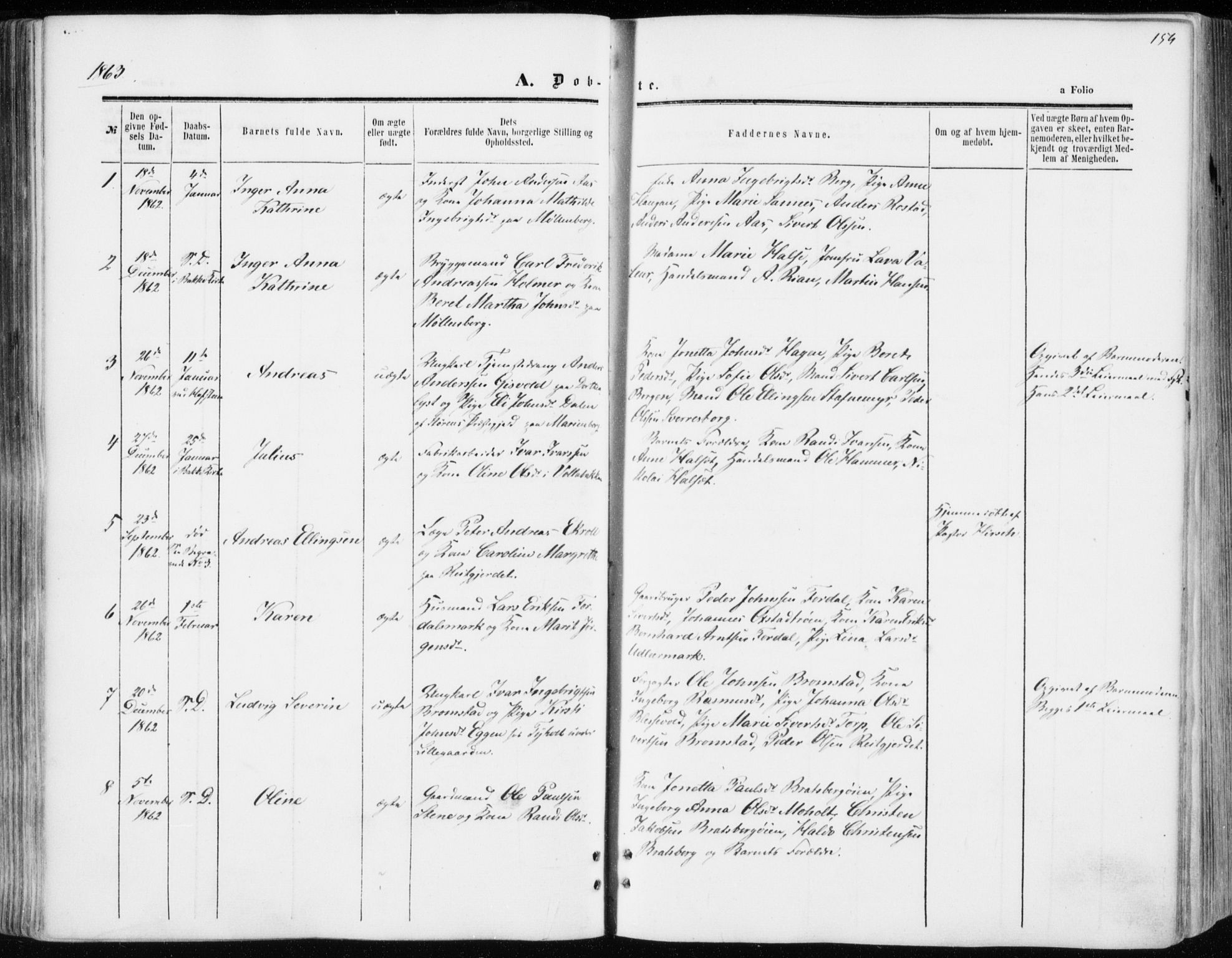 Ministerialprotokoller, klokkerbøker og fødselsregistre - Sør-Trøndelag, SAT/A-1456/606/L0292: Parish register (official) no. 606A07, 1856-1865, p. 154