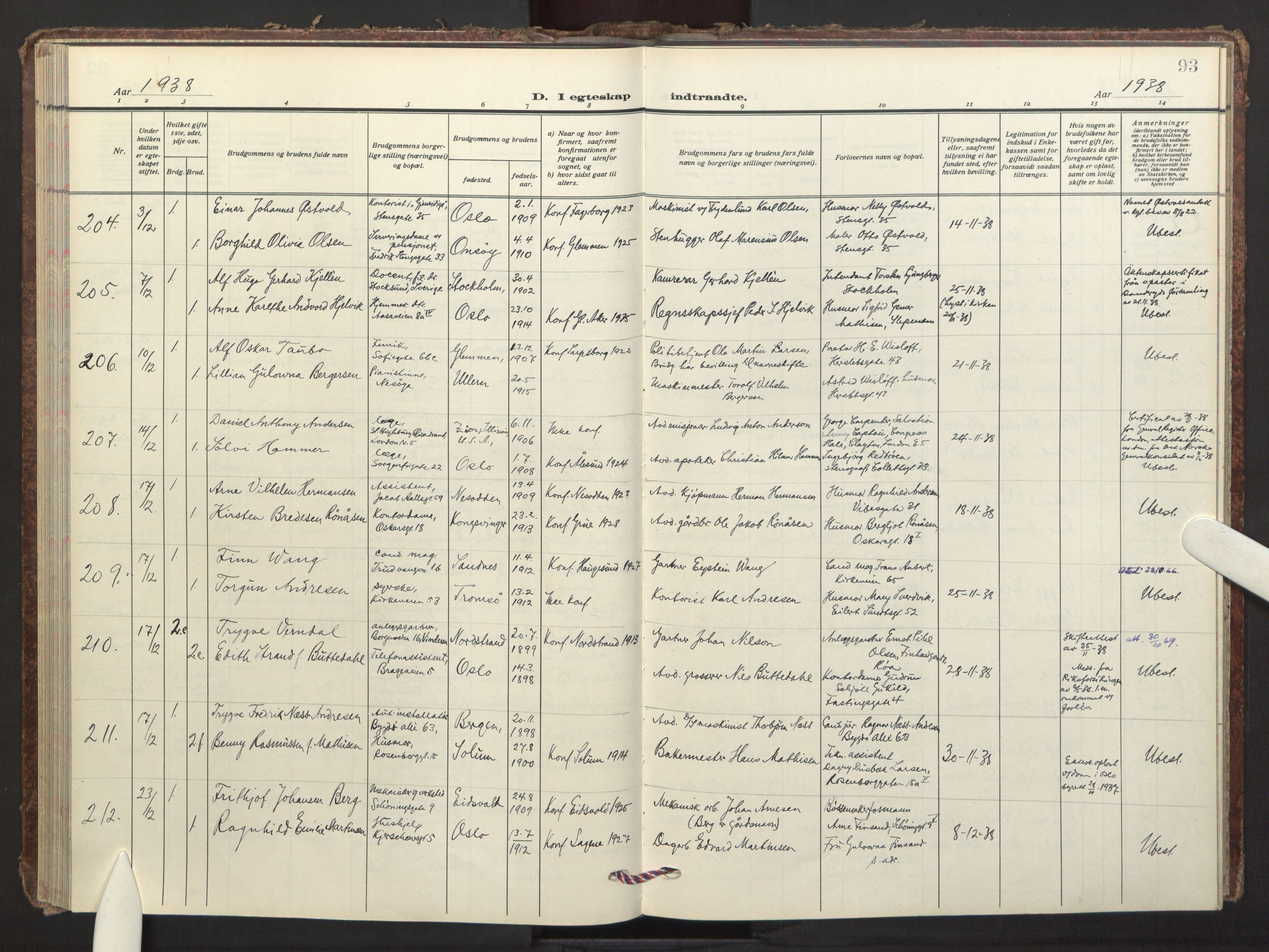 Fagerborg prestekontor Kirkebøker, AV/SAO-A-10844/F/Fa/L0009: Parish register (official) no. 9, 1934-1945, p. 93