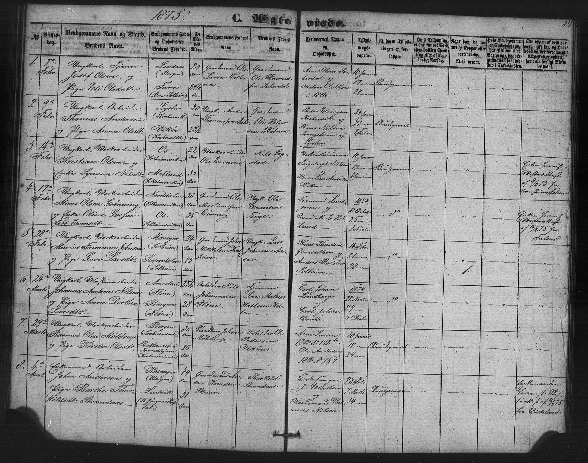 St. Jørgens hospital og Årstad sokneprestembete, AV/SAB-A-99934: Parish register (copy) no. A 7, 1854-1886, p. 84