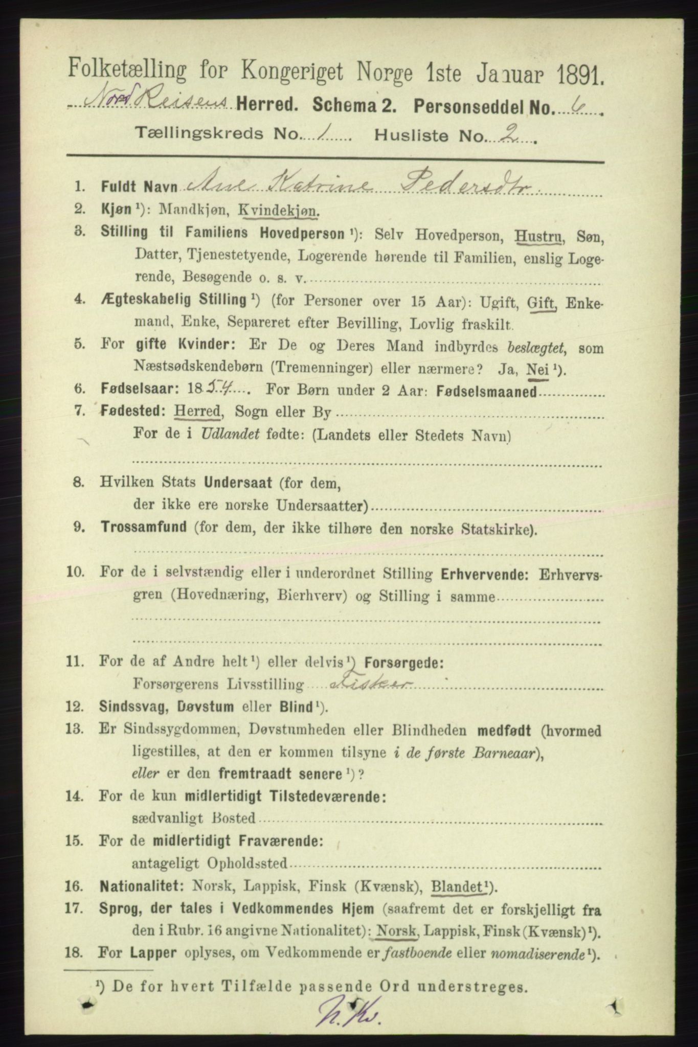 RA, 1891 census for 1942 Nordreisa, 1891, p. 116