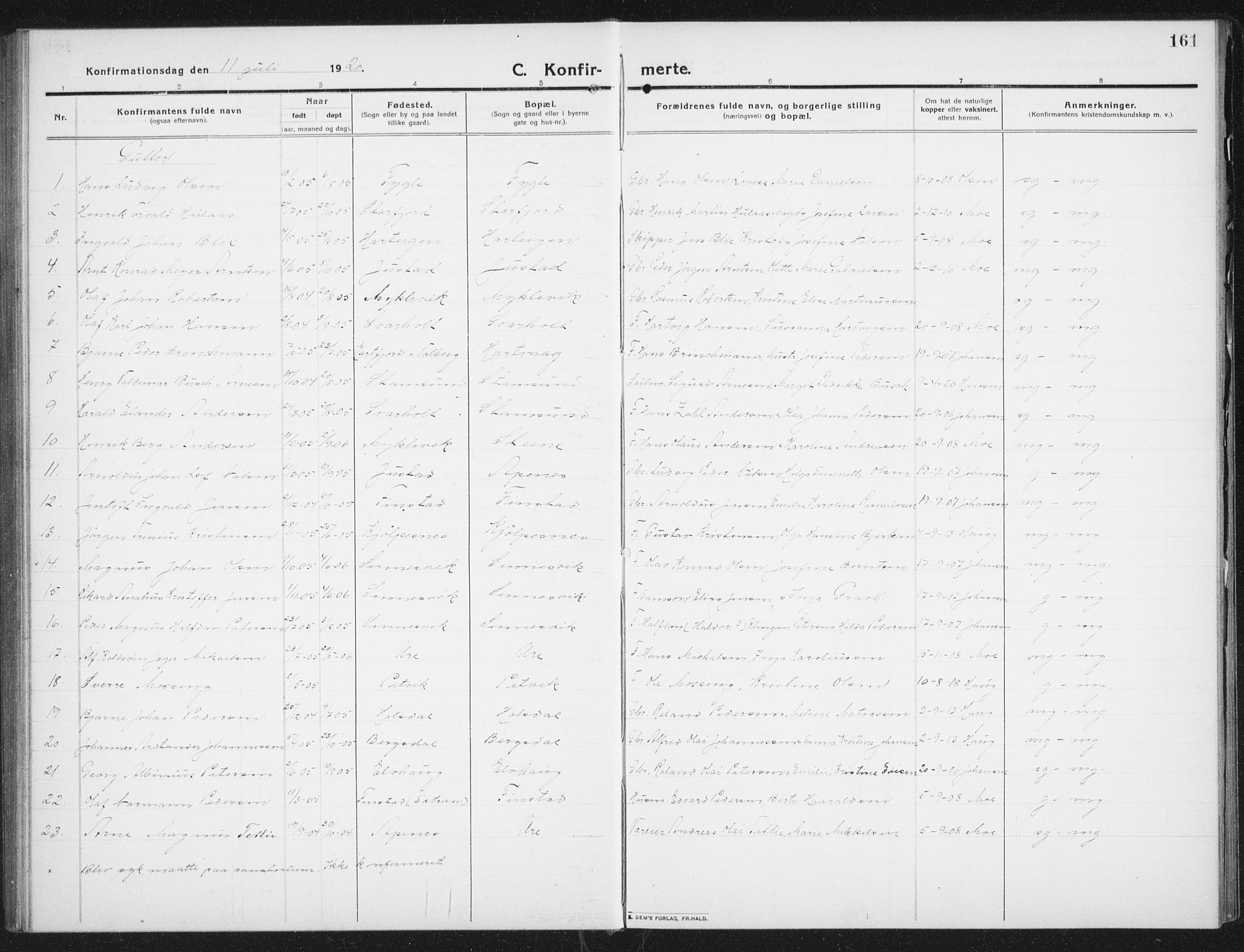 Ministerialprotokoller, klokkerbøker og fødselsregistre - Nordland, SAT/A-1459/882/L1183: Parish register (copy) no. 882C01, 1911-1938, p. 161